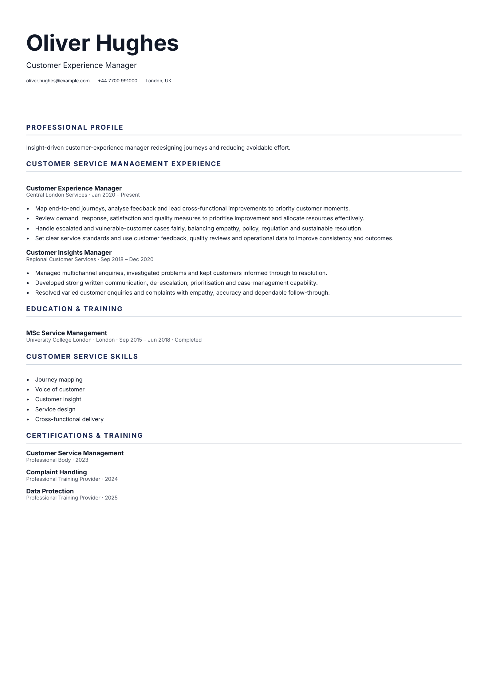 Customer Experience Manager CV template