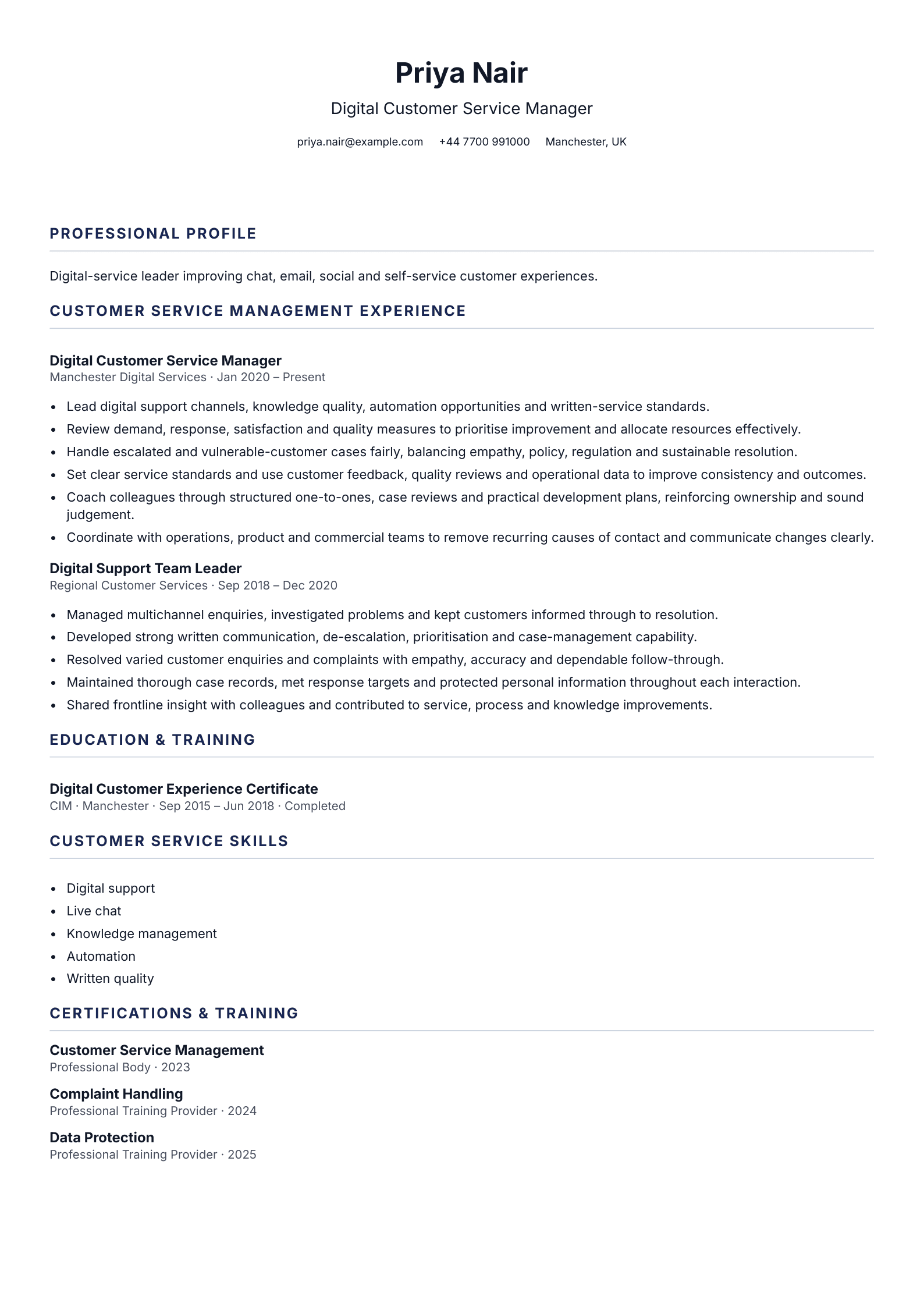 Digital Customer Service Manager CV template