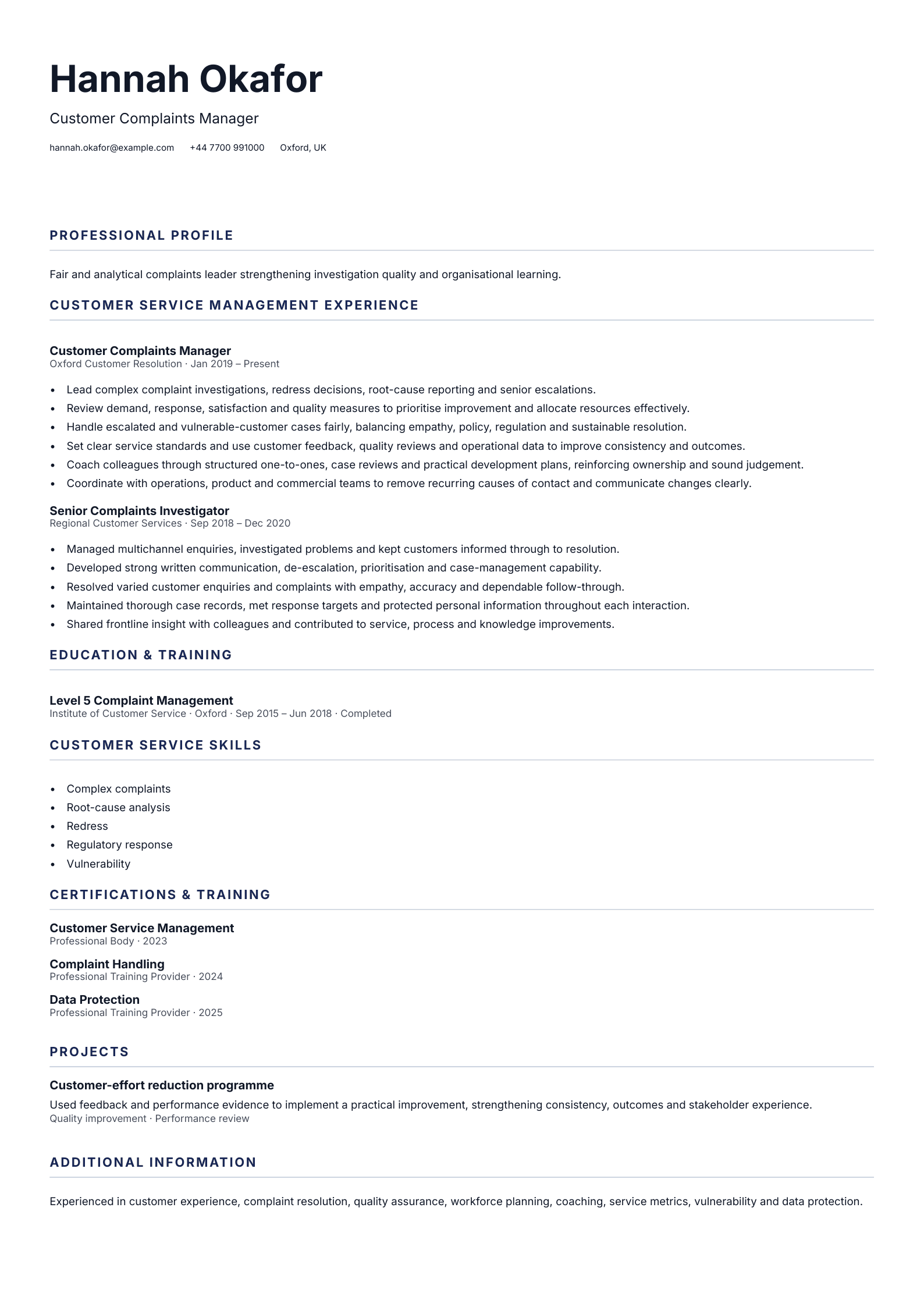 Customer Complaints Manager CV template