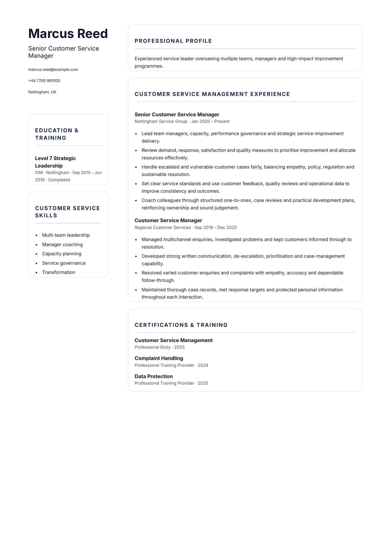 Senior Customer Service Manager CV template