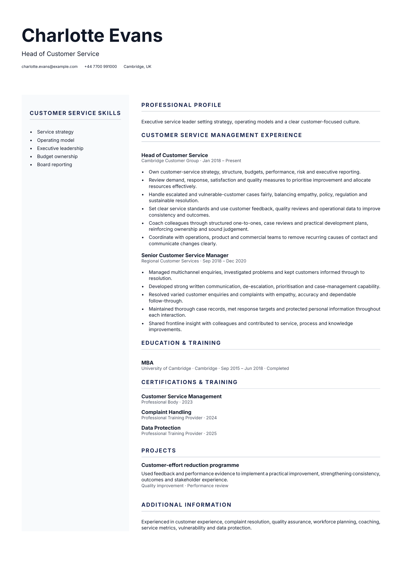 Head of Customer Service CV template