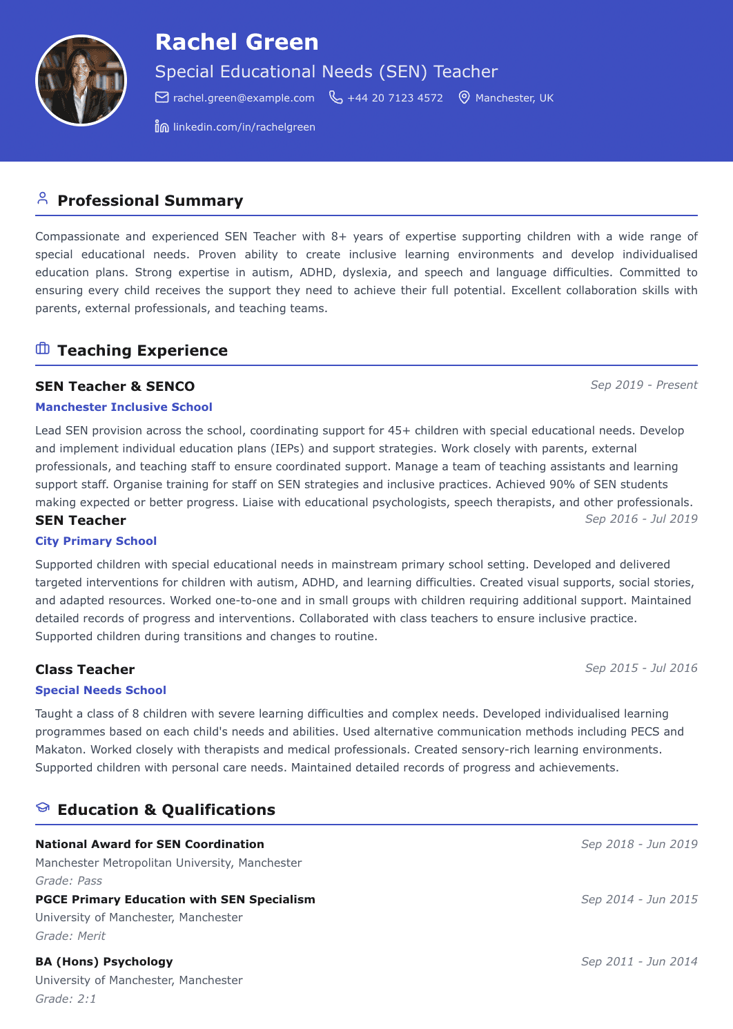 free teacher cv template sen specialist