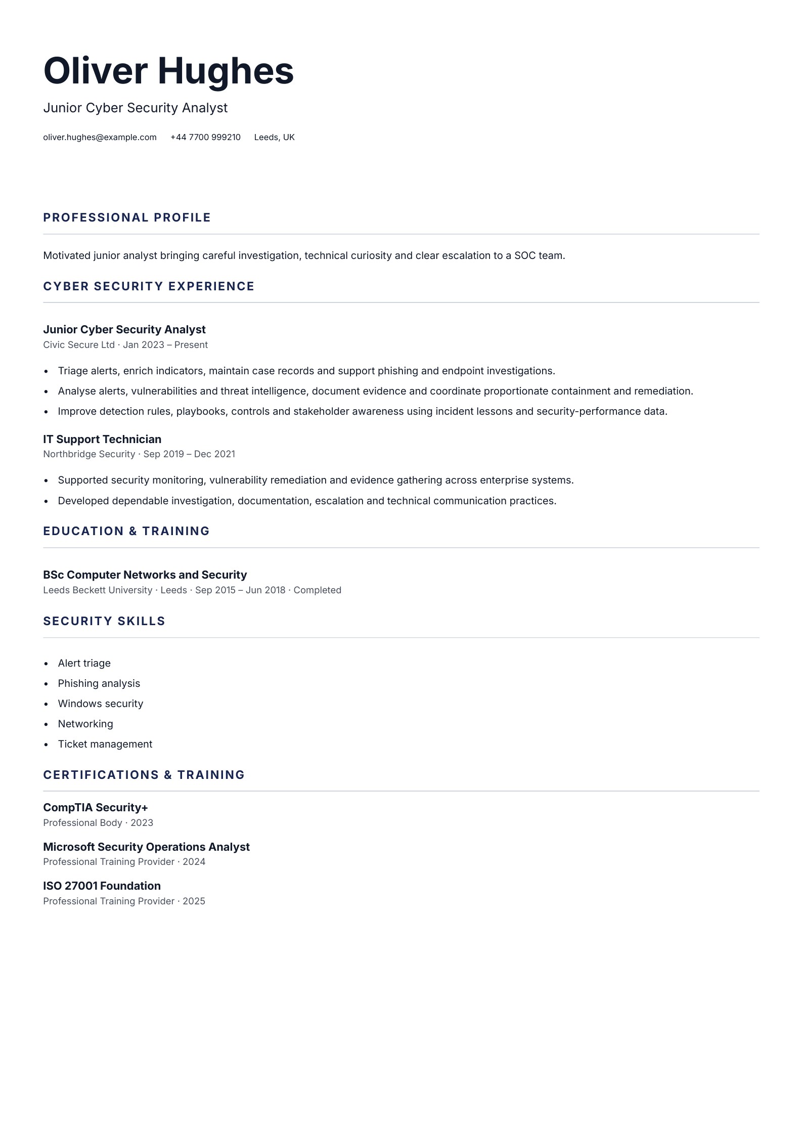 Junior Cyber Security Analyst CV template