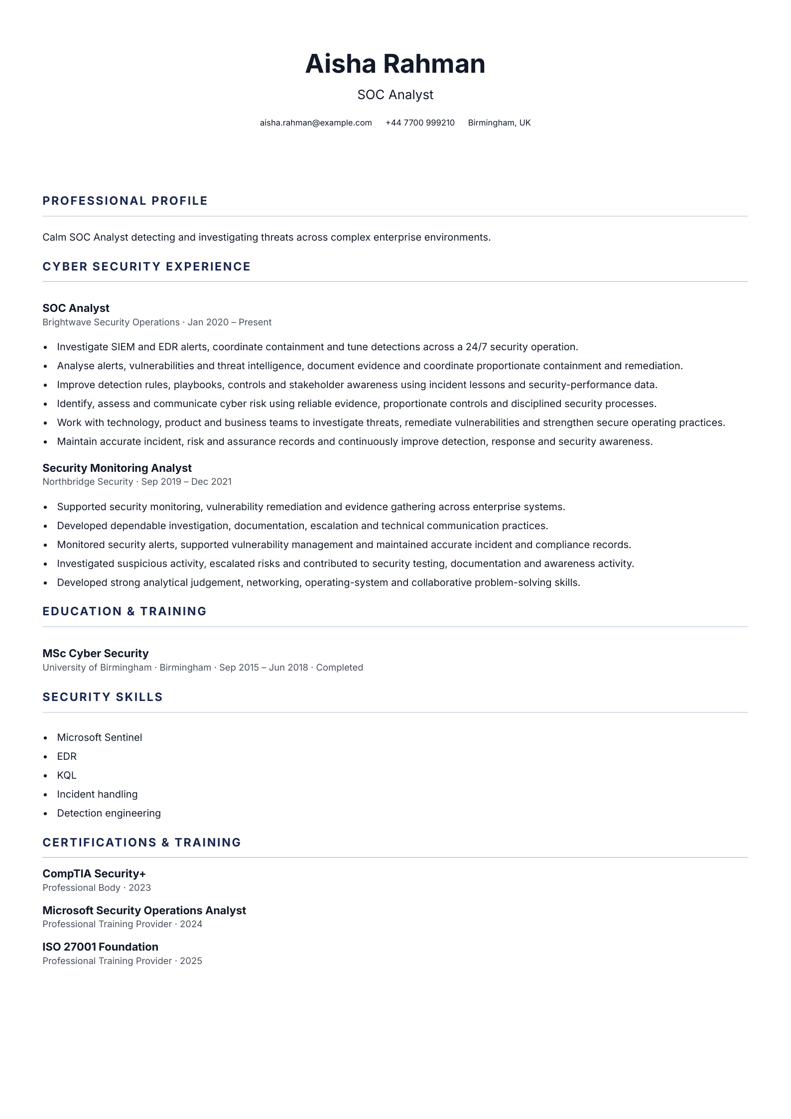 SOC Analyst CV template