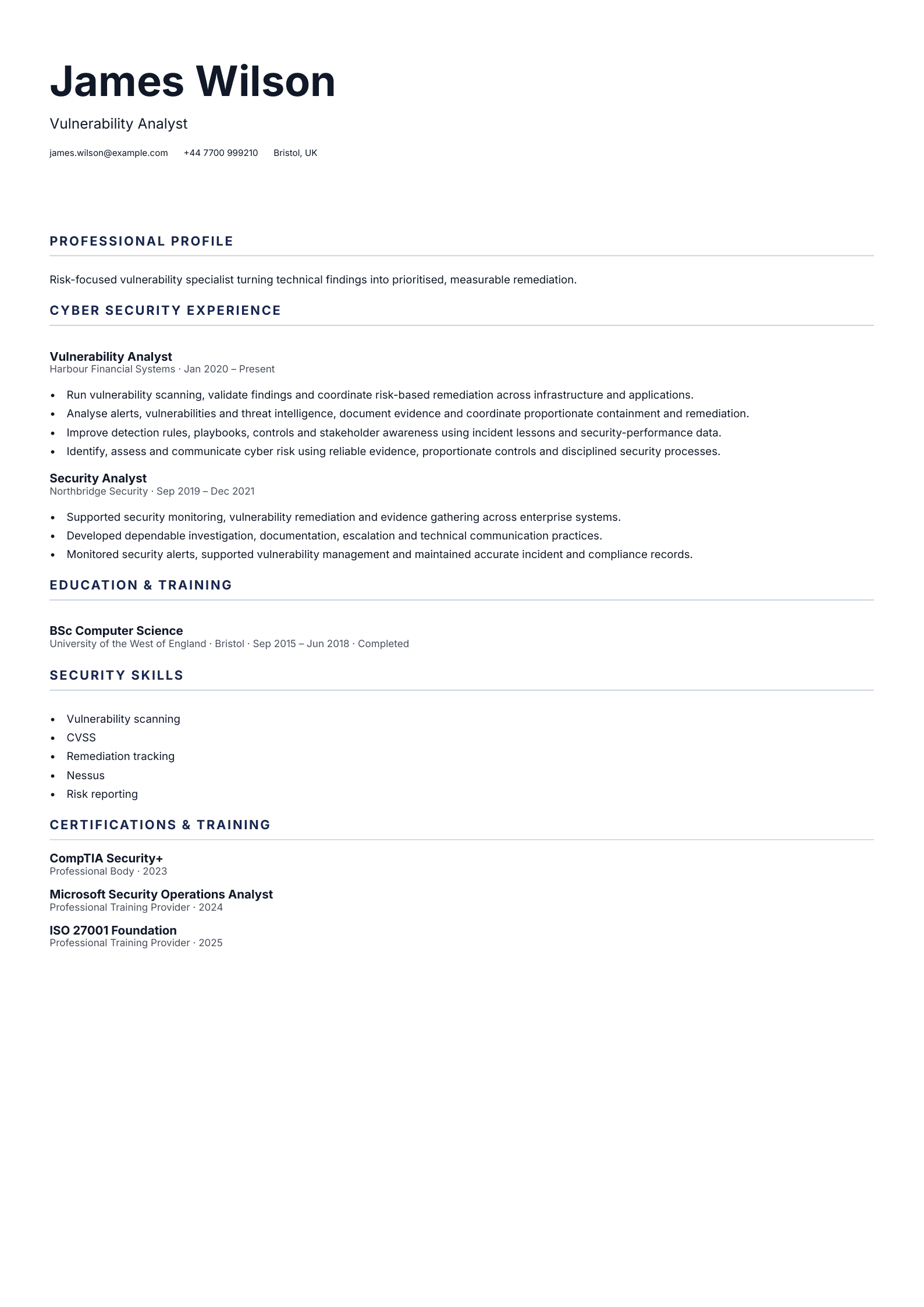 Vulnerability Analyst CV template