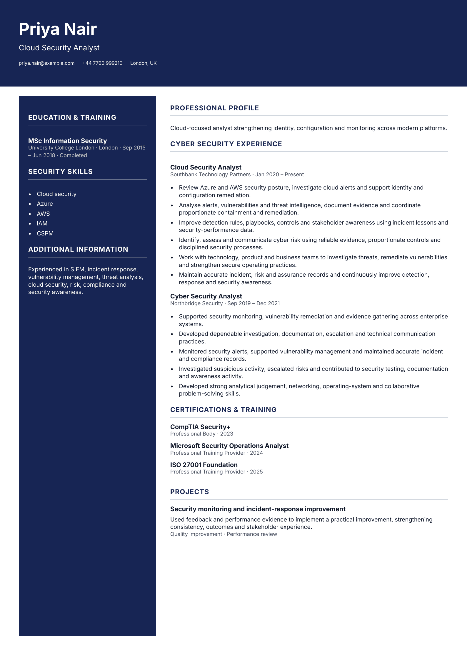 Cloud Security Analyst CV template