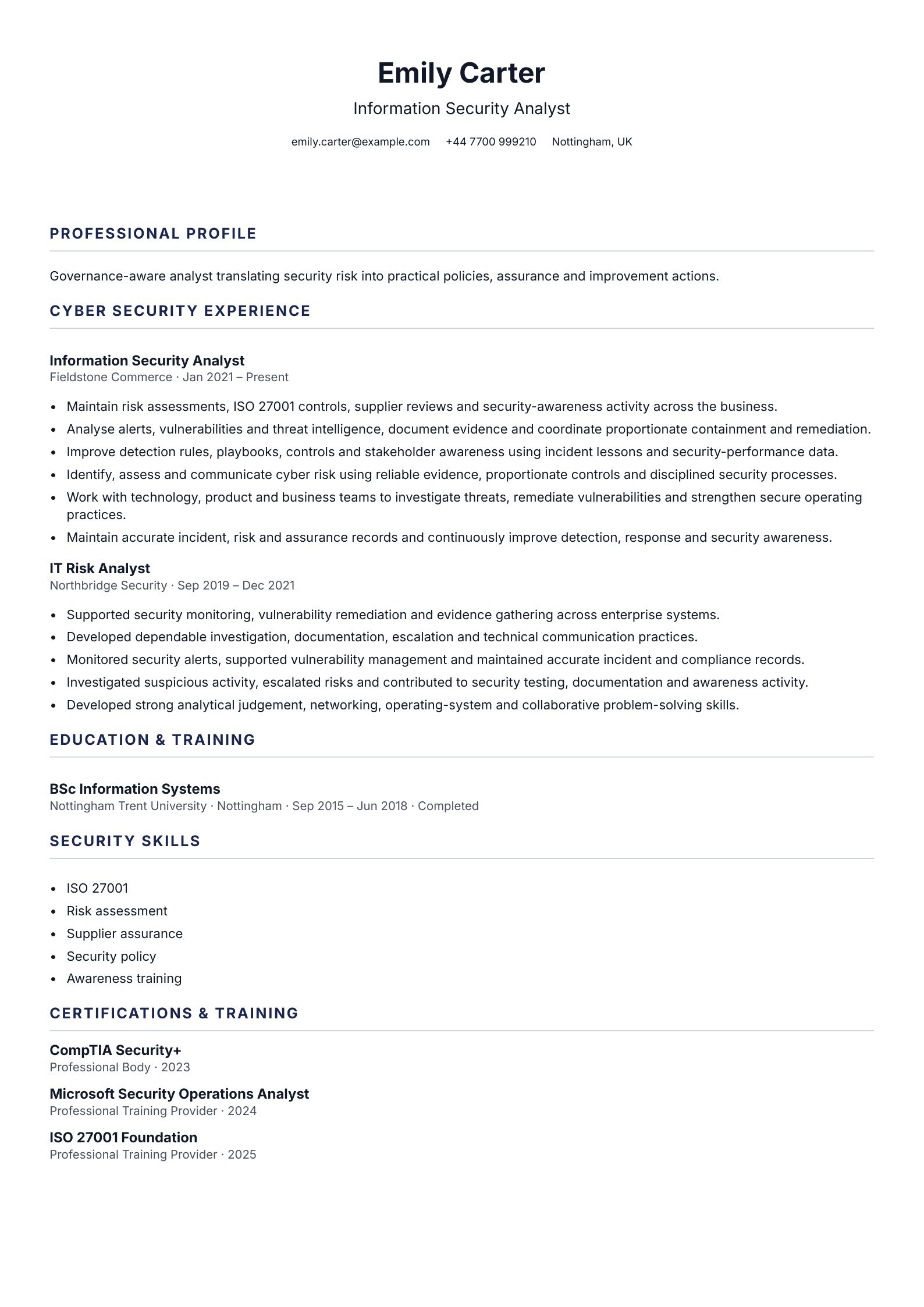Information Security Analyst CV template