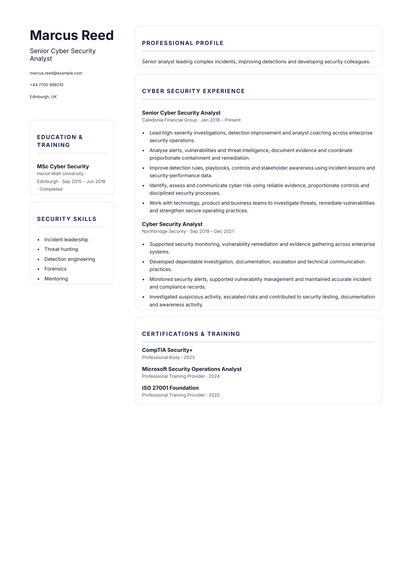 Senior Cyber Security Analyst CV template