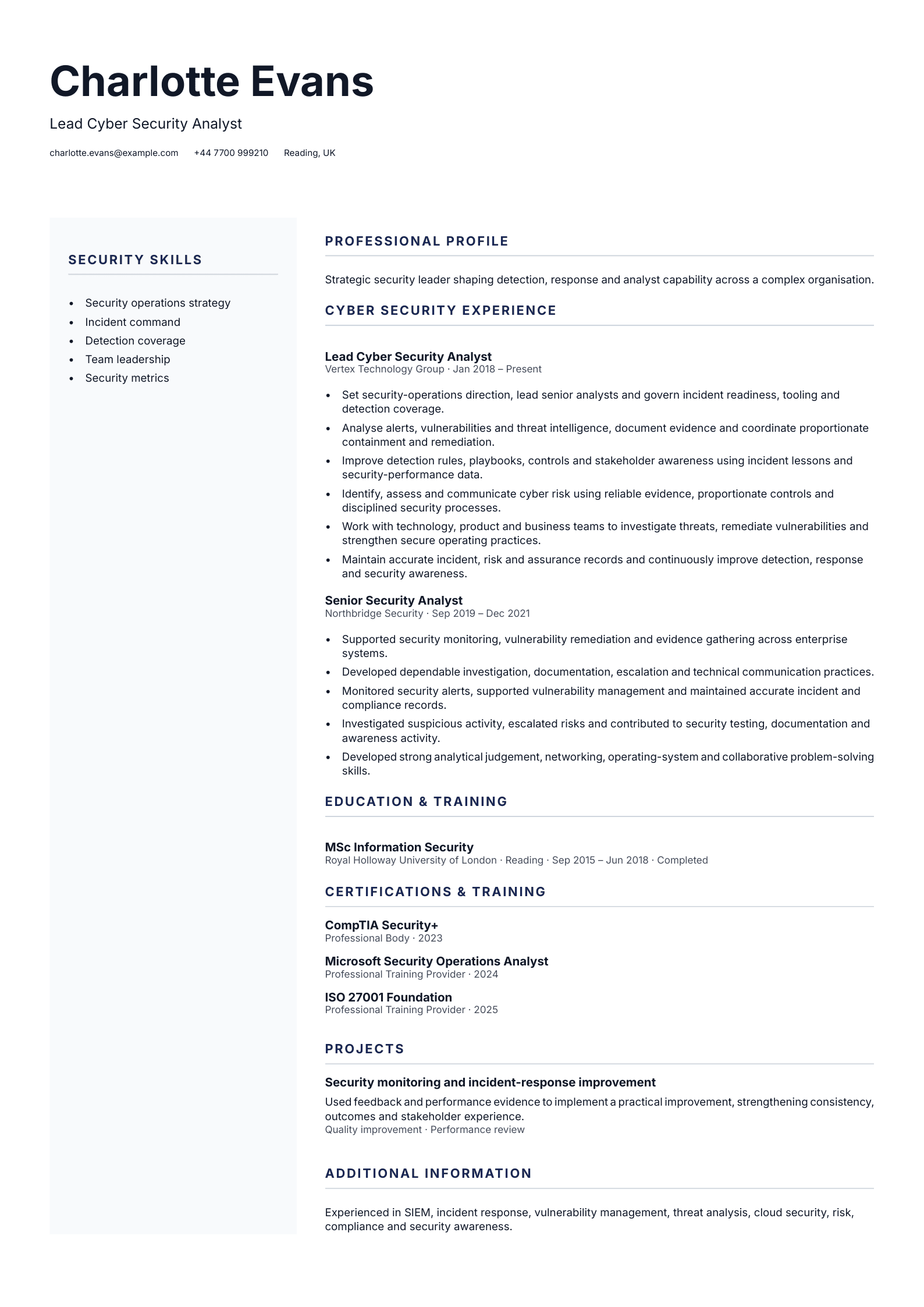 Lead Cyber Security Analyst CV template