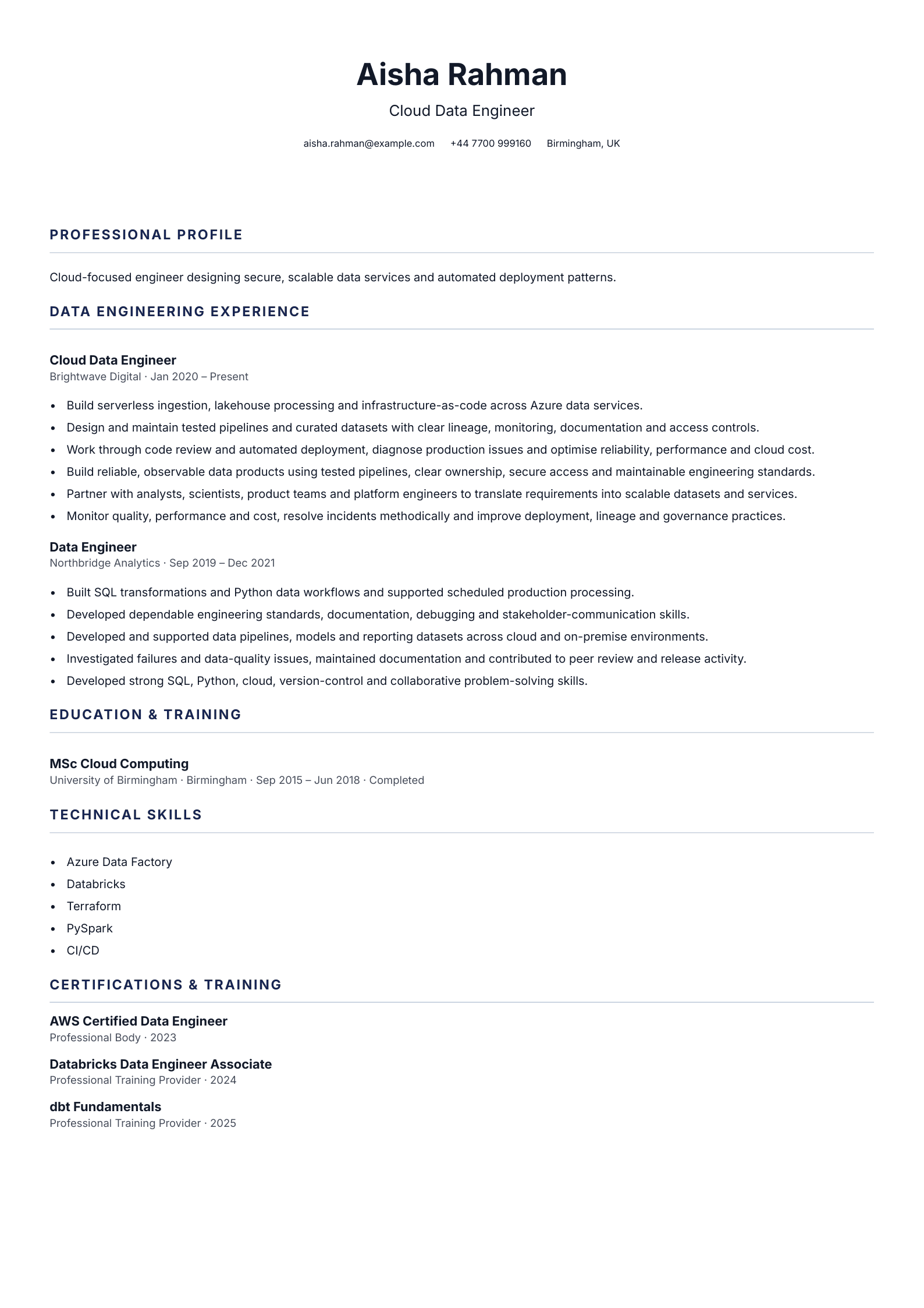 Cloud Data Engineer CV template