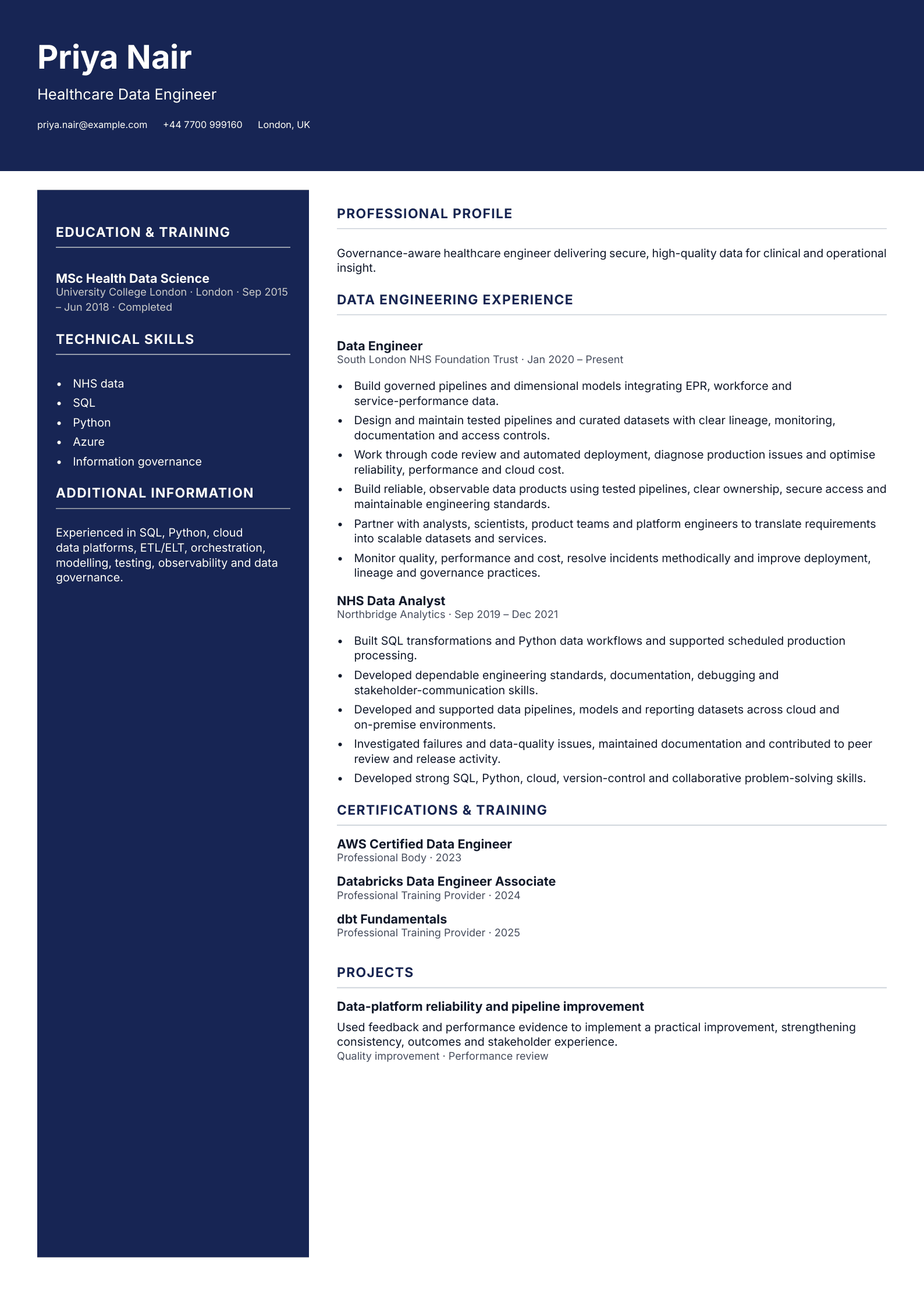 Healthcare Data Engineer CV template