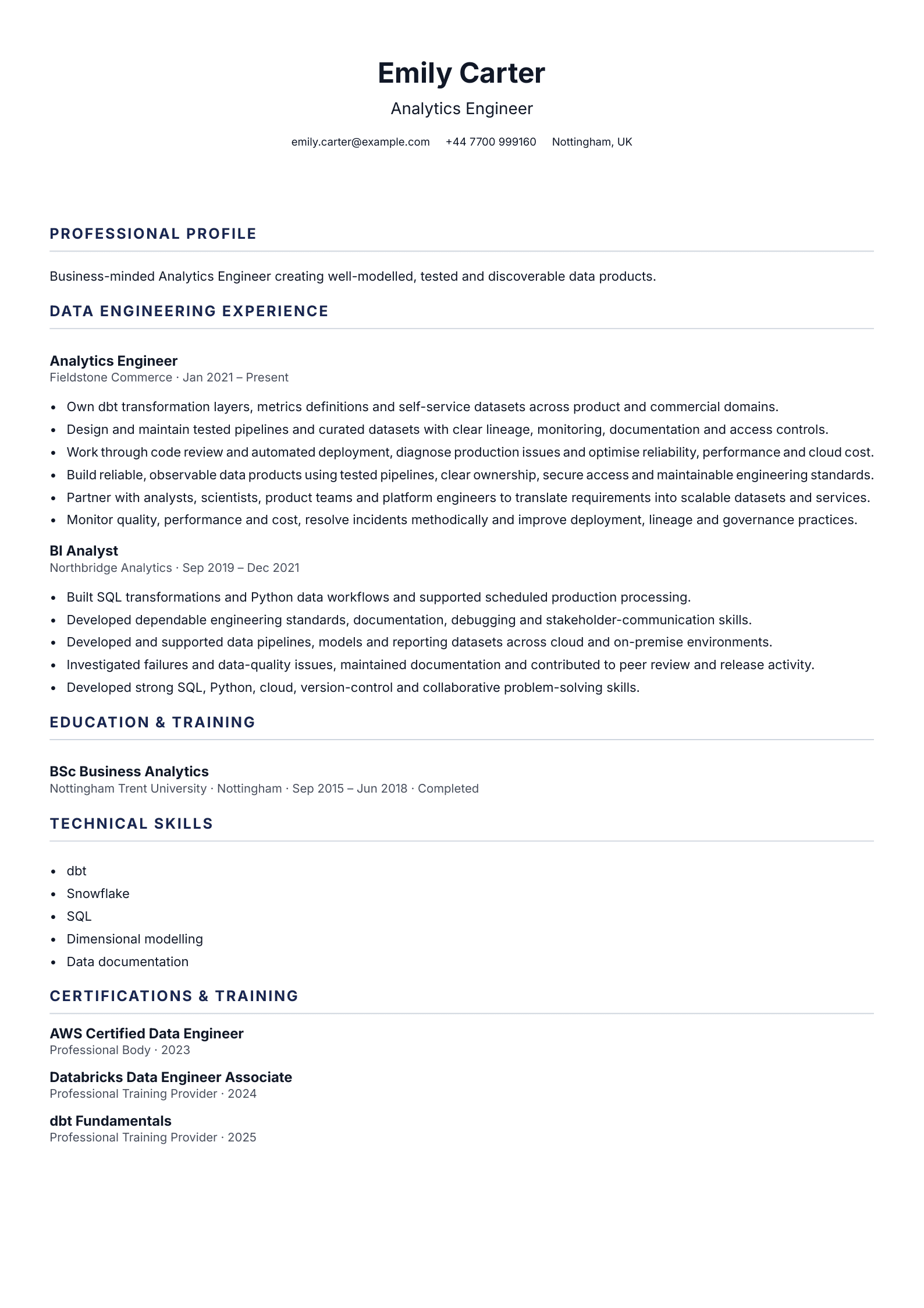 Analytics Engineer CV template