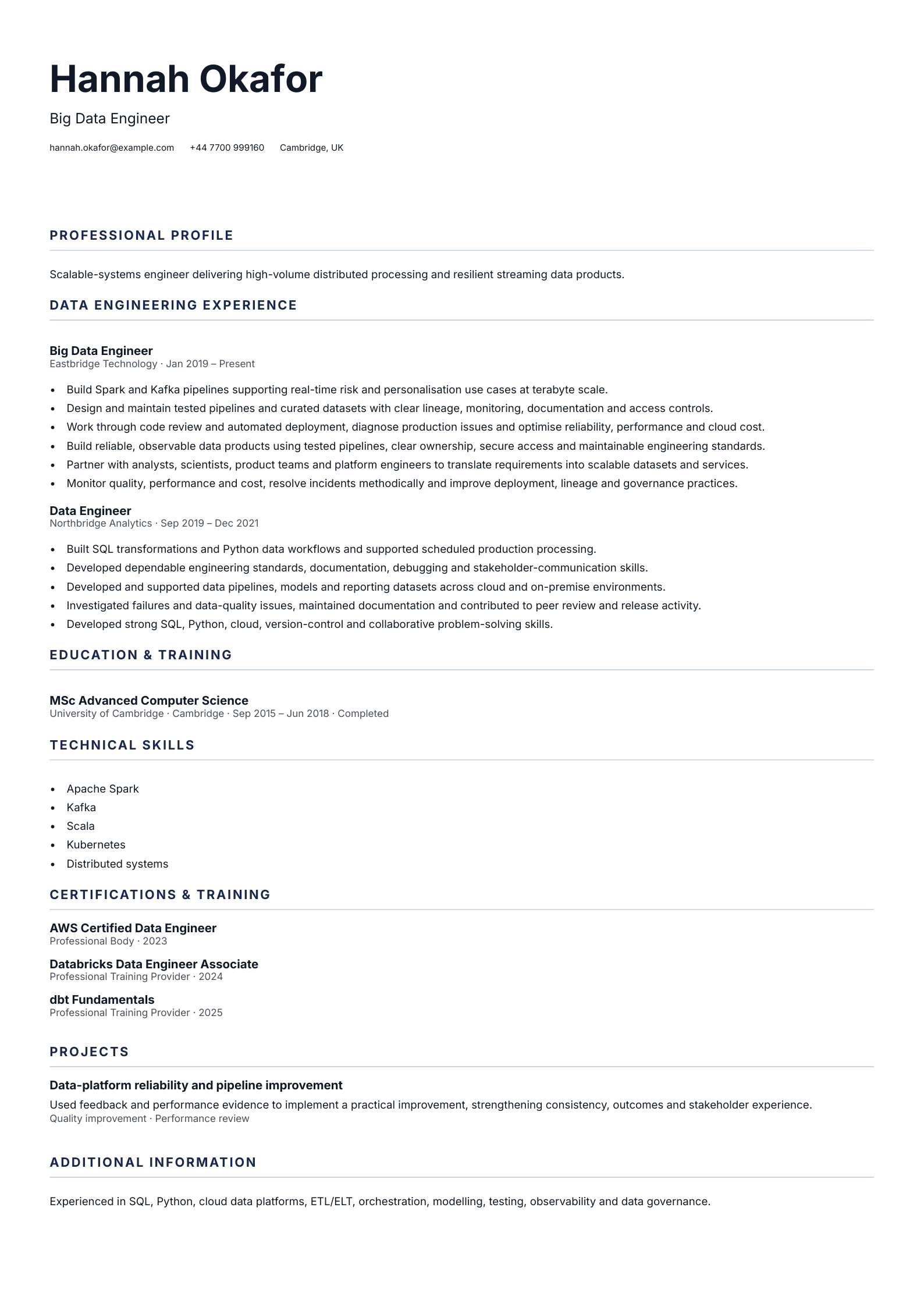 Big Data Engineer CV template