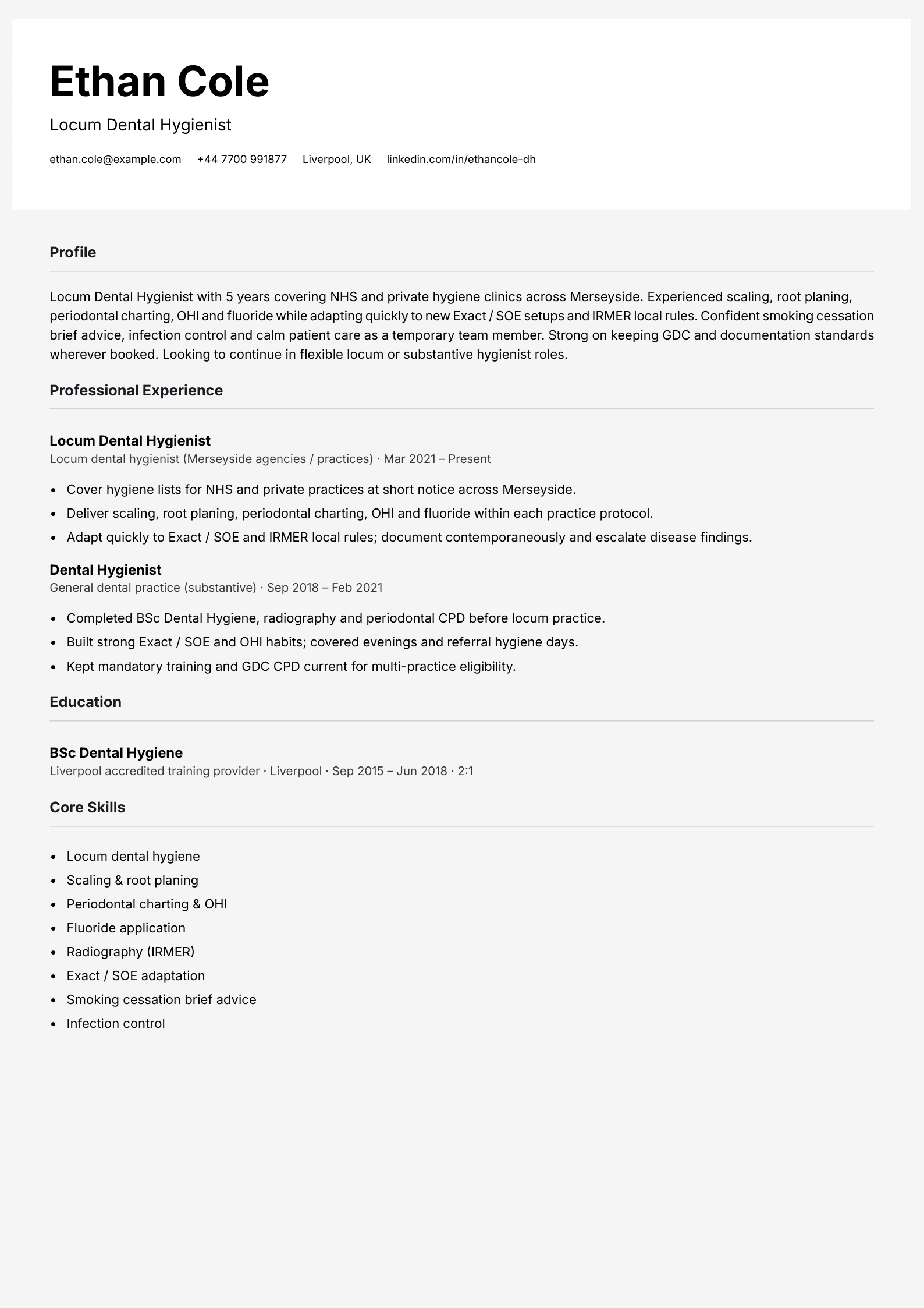 locum dental hygienist cv template