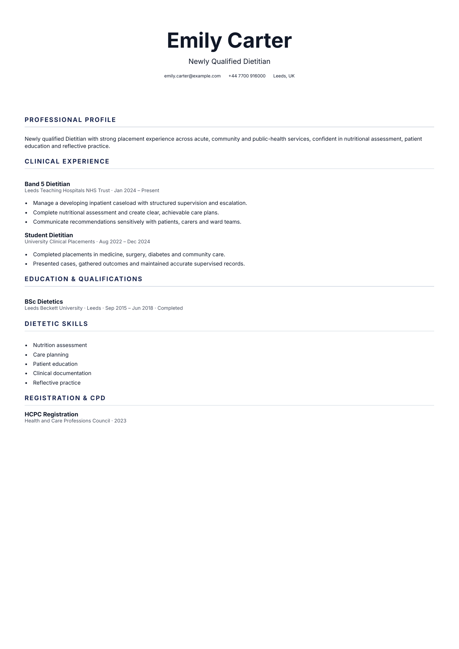Newly Qualified Dietitian CV template