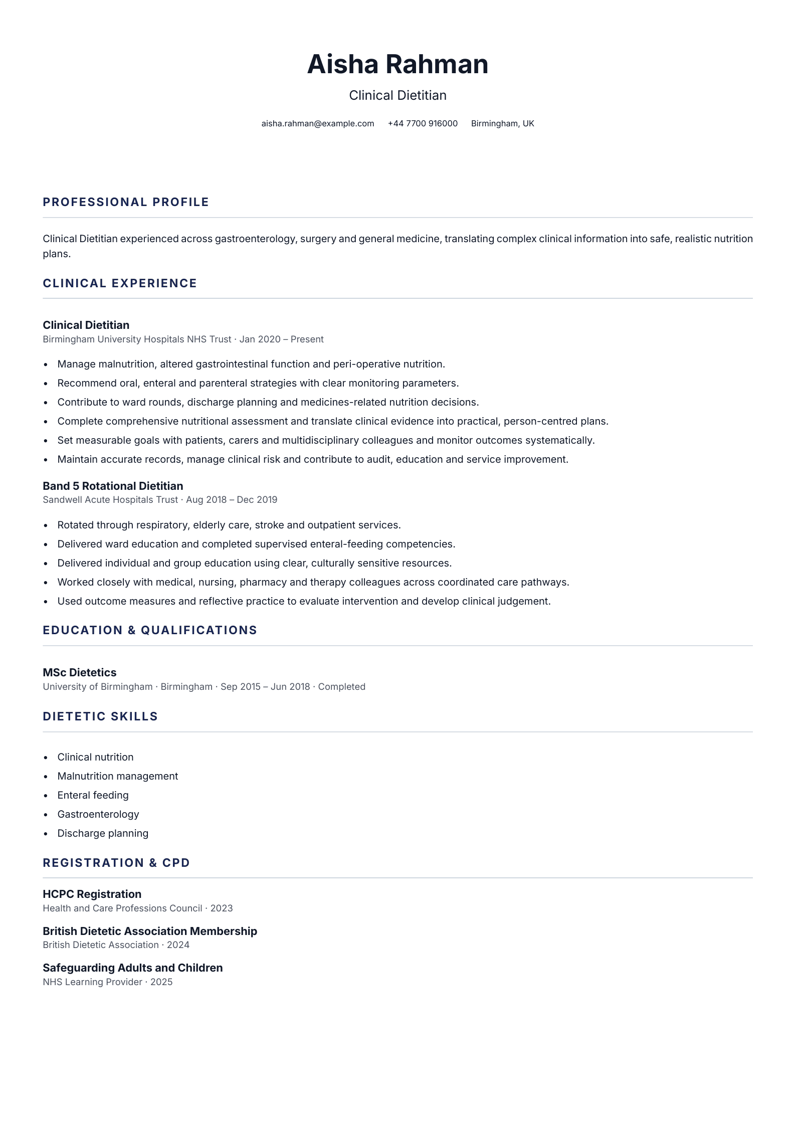 Clinical Dietitian CV template