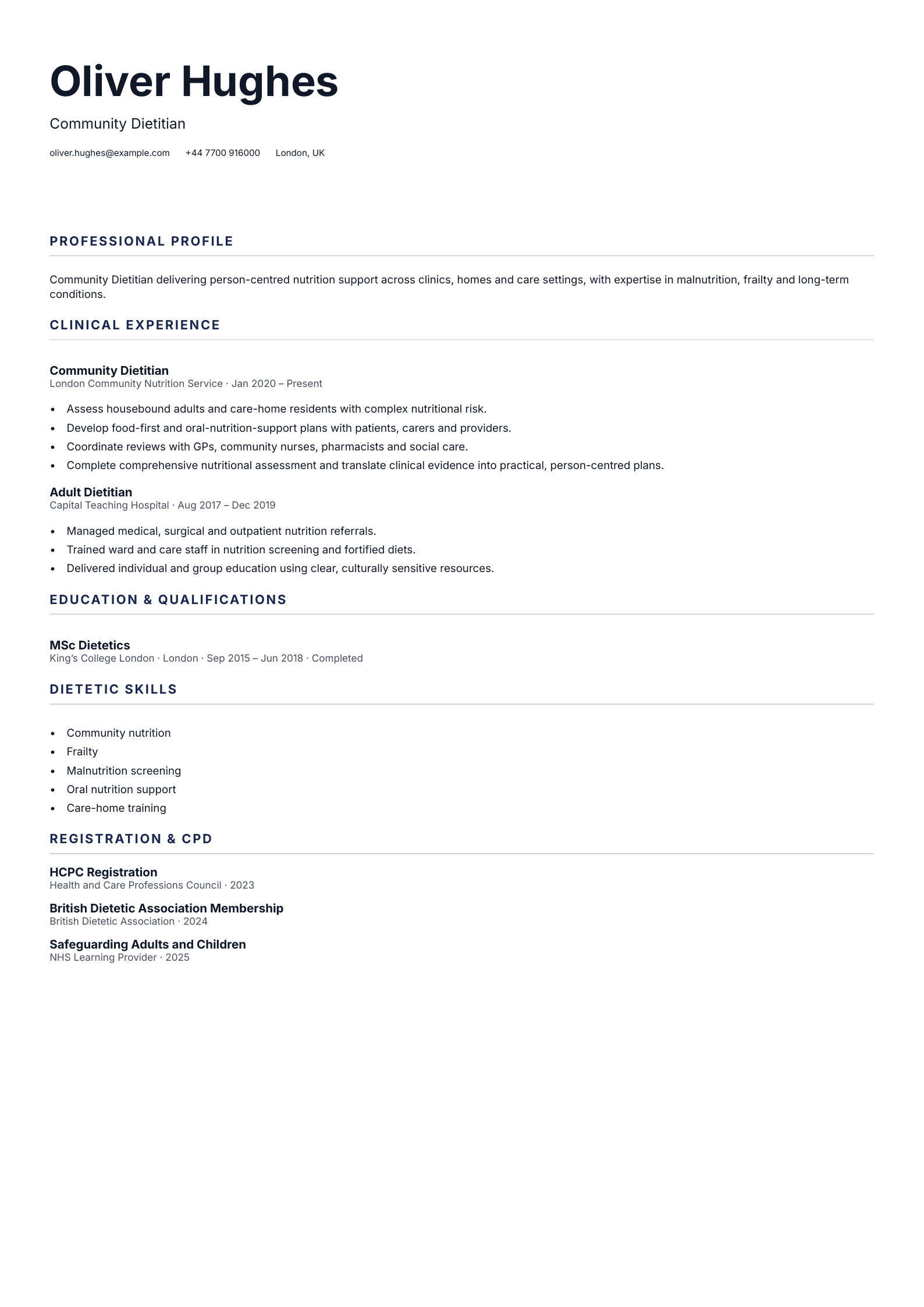 Community Dietitian CV template