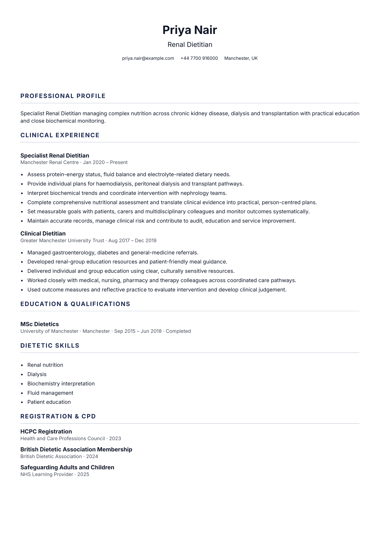 Renal Dietitian CV template