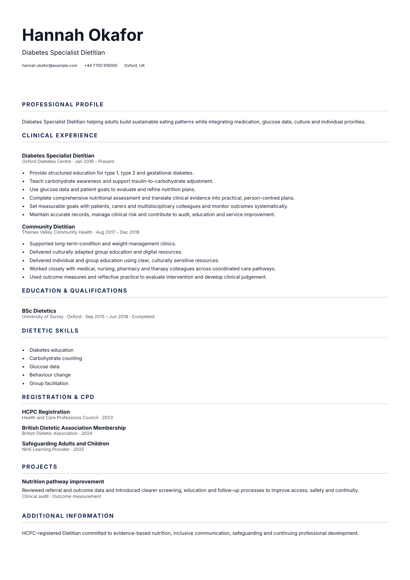 Diabetes Specialist Dietitian CV template