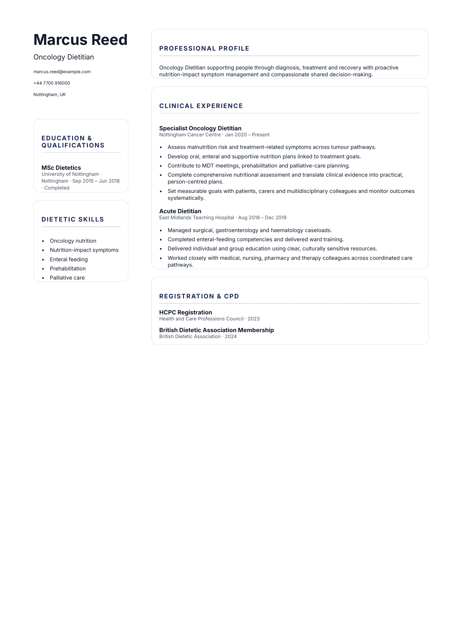 Oncology Dietitian CV template