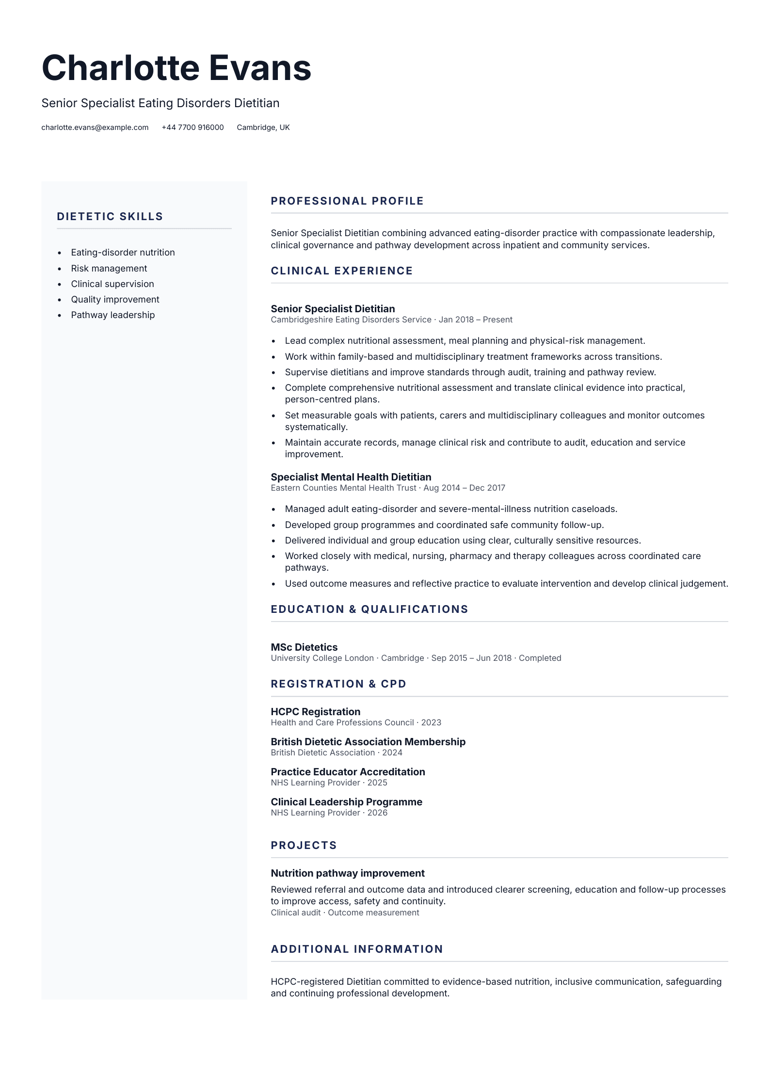 Eating Disorders Dietitian CV template