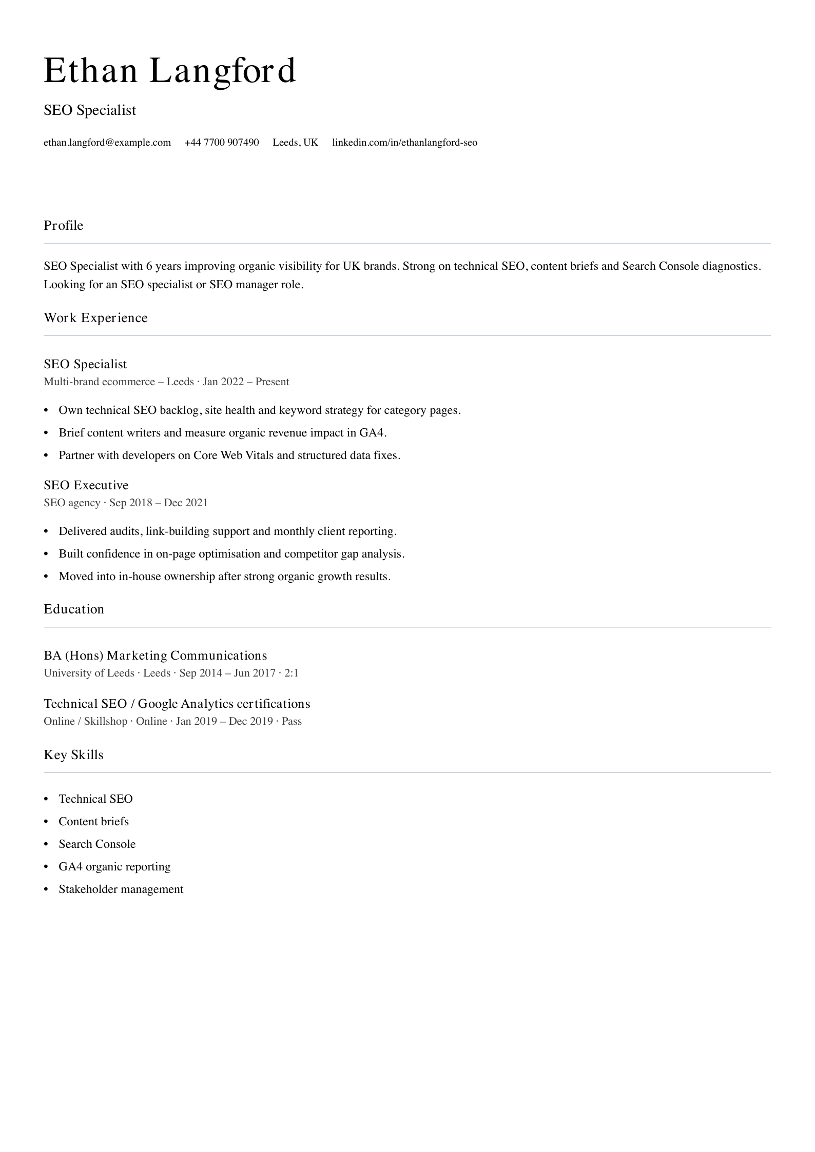 SEO specialist CV template