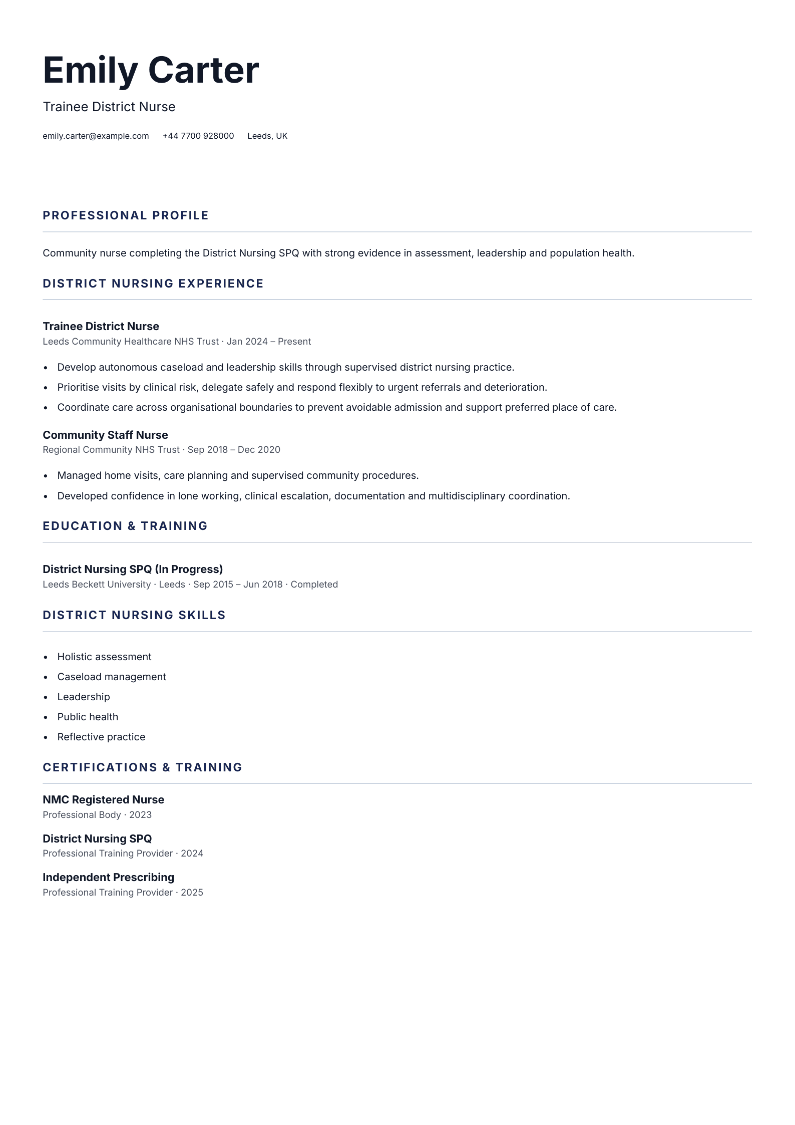 Trainee District Nurse CV template