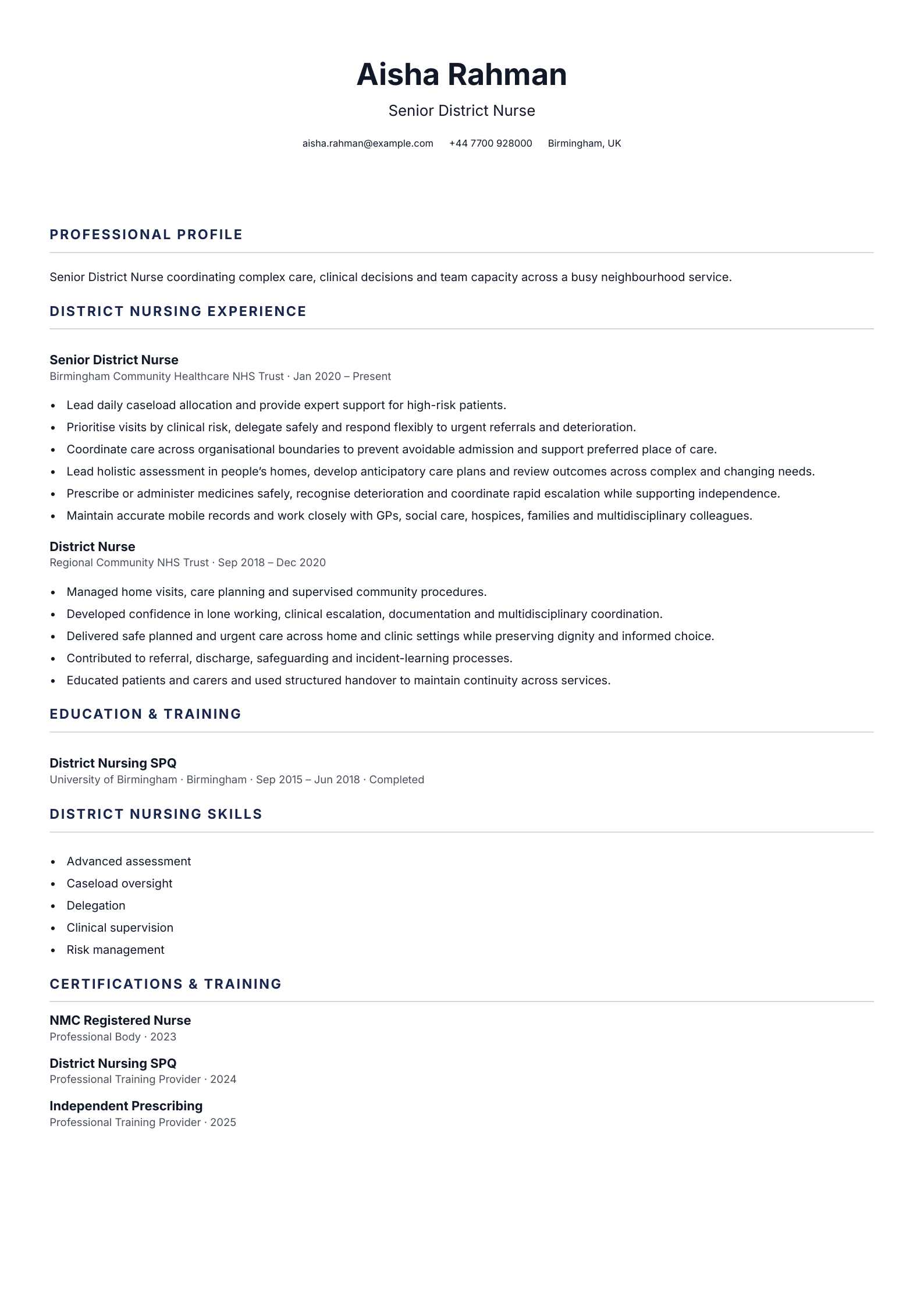 Senior District Nurse CV template