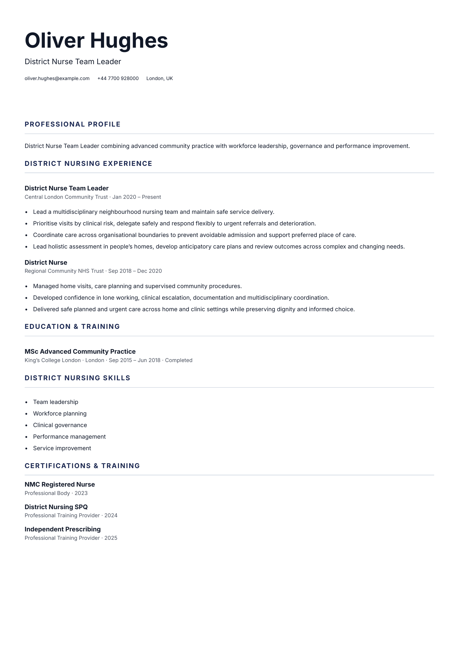 District Nurse Team Leader CV template