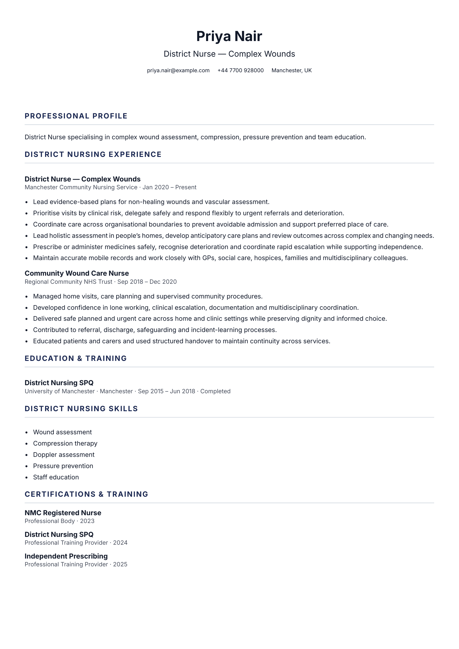 District Nurse — Complex Wounds CV template