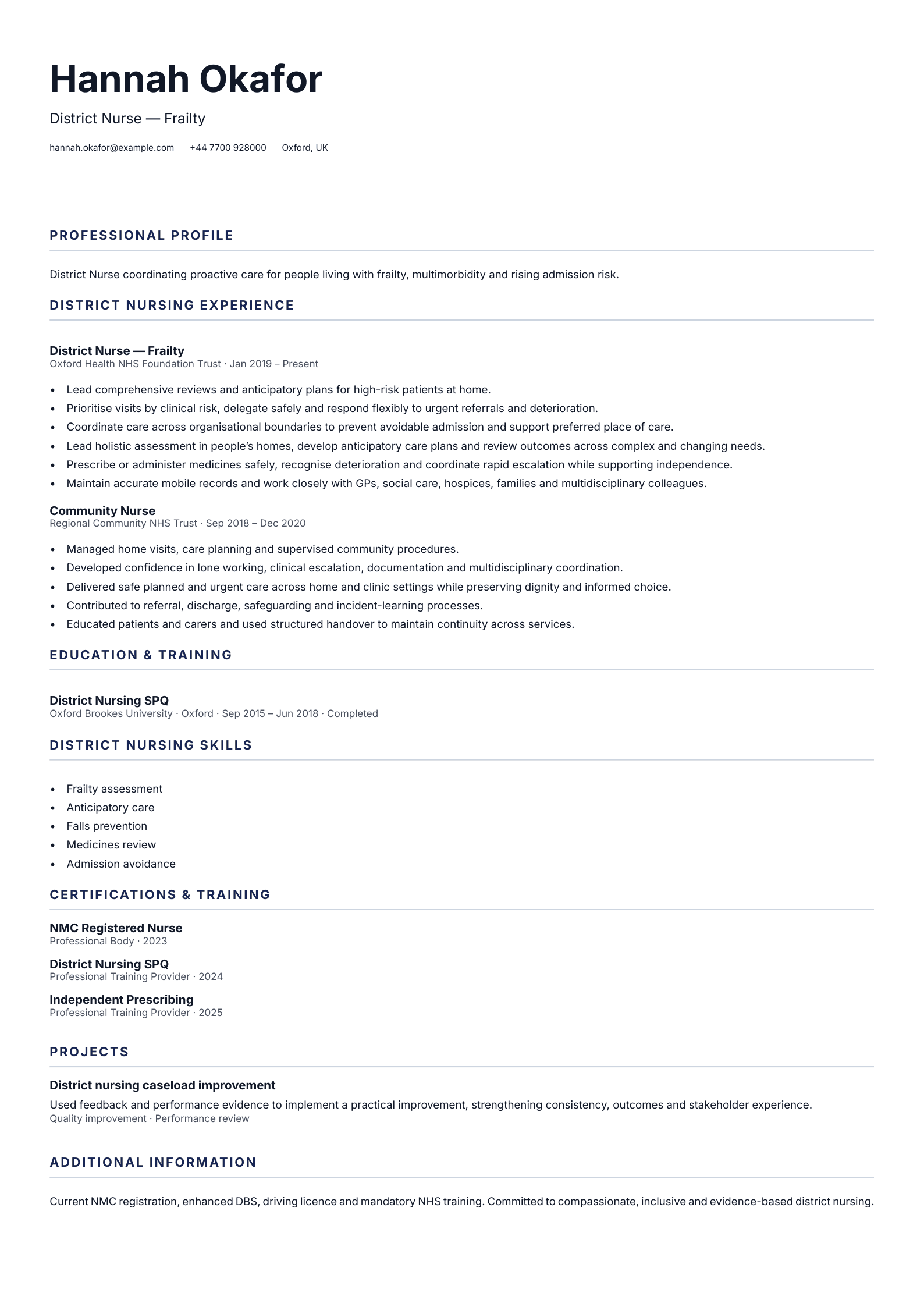 District Nurse — Frailty CV template