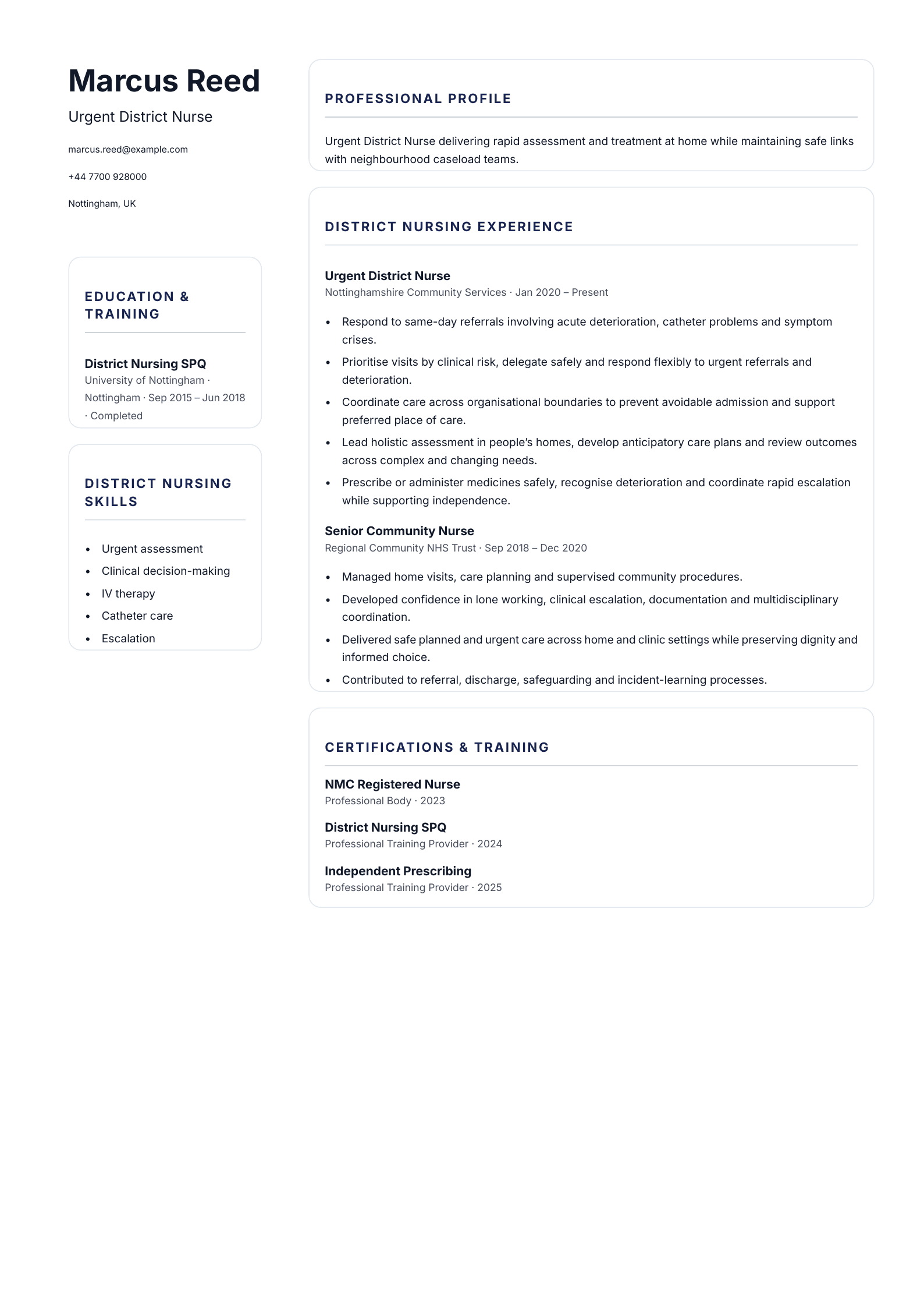 Urgent District Nurse CV template