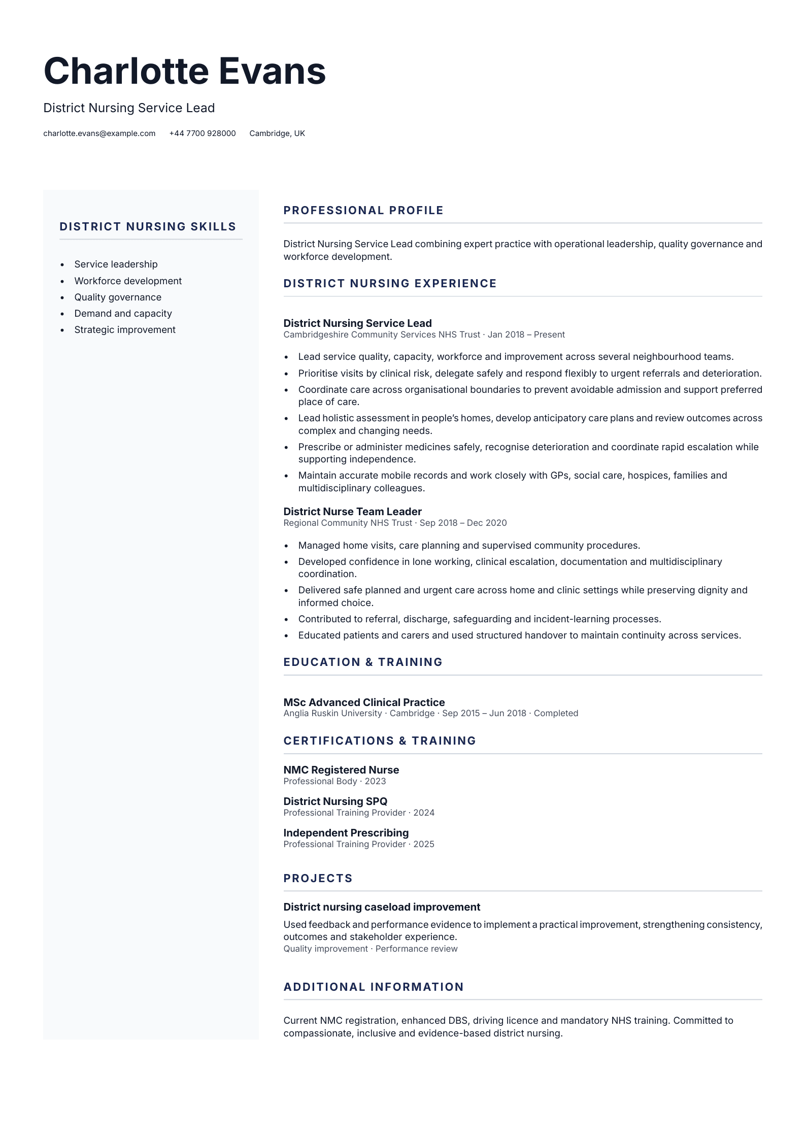 District Nursing Service Lead CV template
