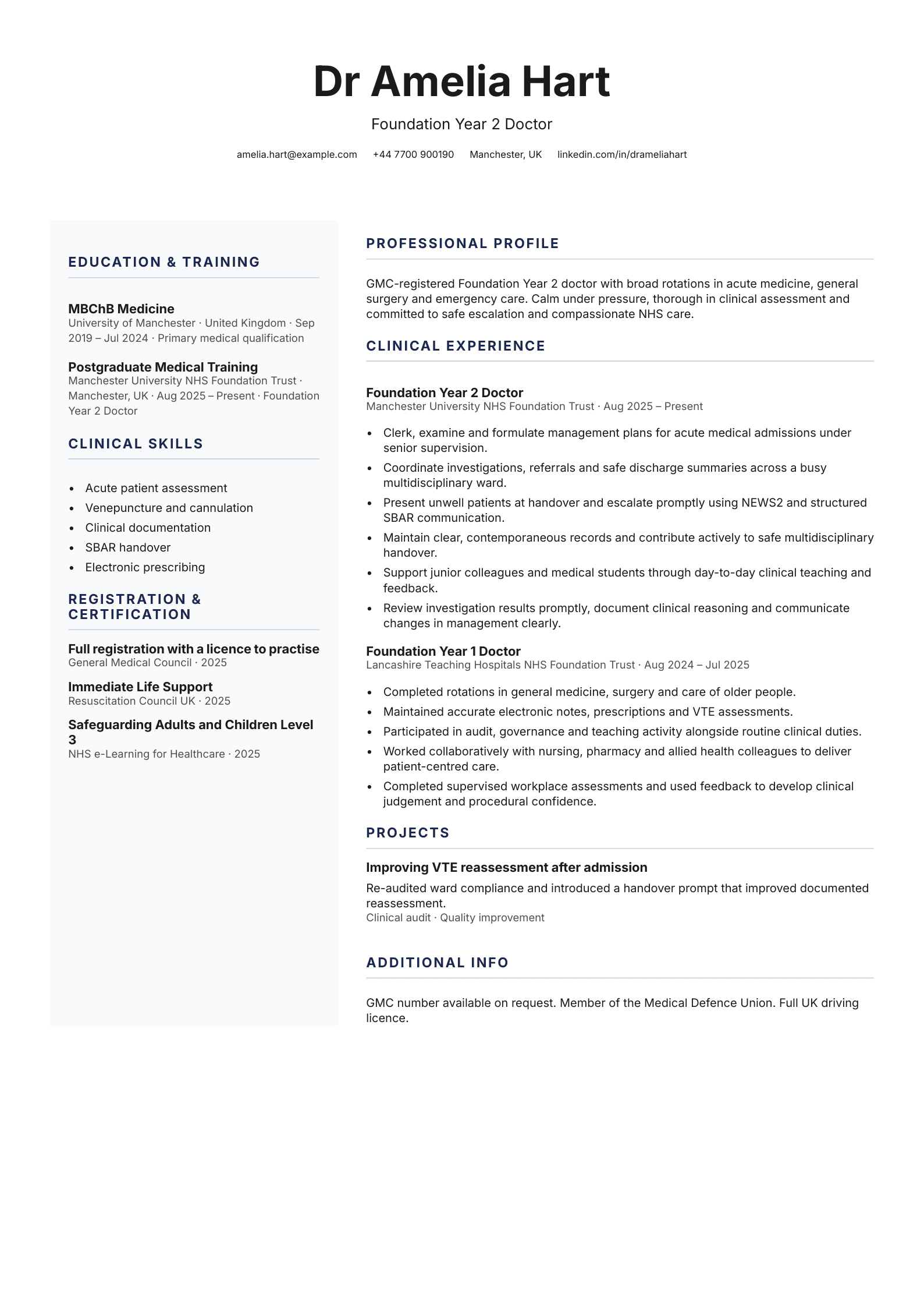 Foundation year doctor CV template