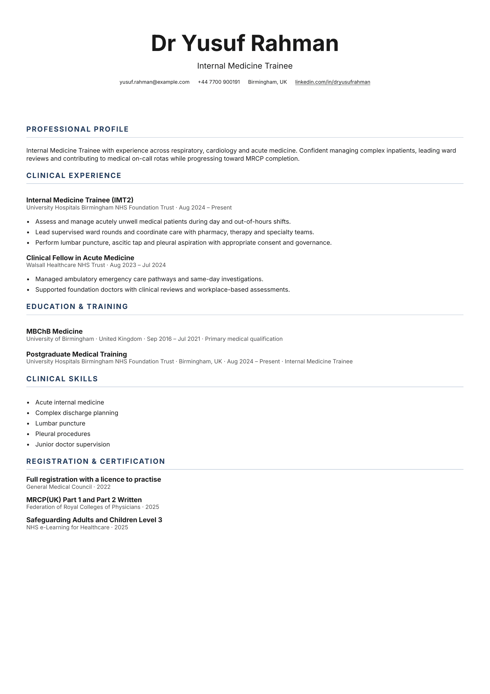 Internal Medicine Trainee CV template