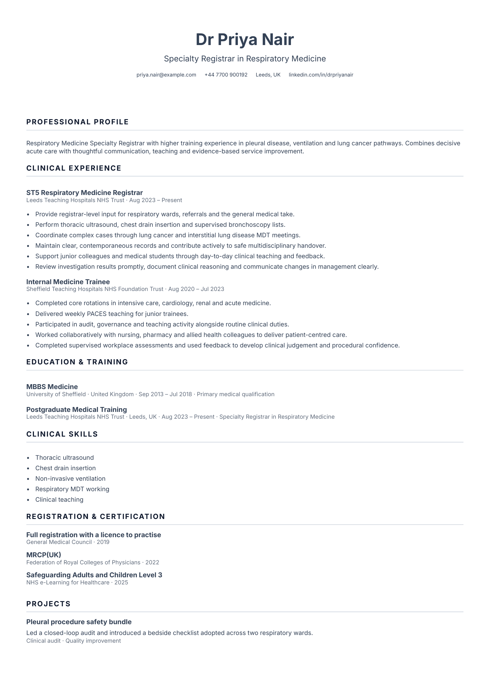 Specialty registrar doctor CV template