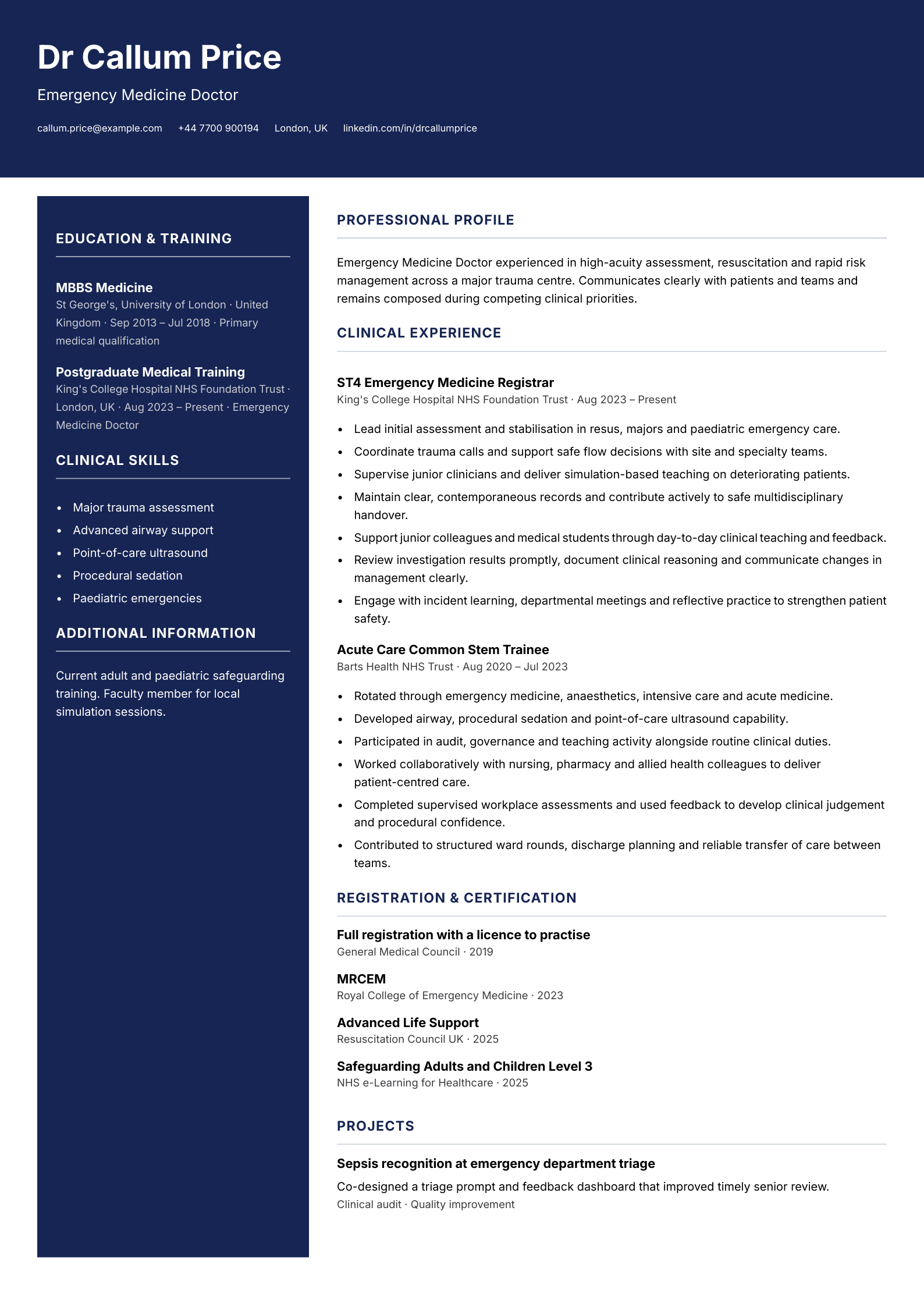 Emergency Medicine Doctor CV template