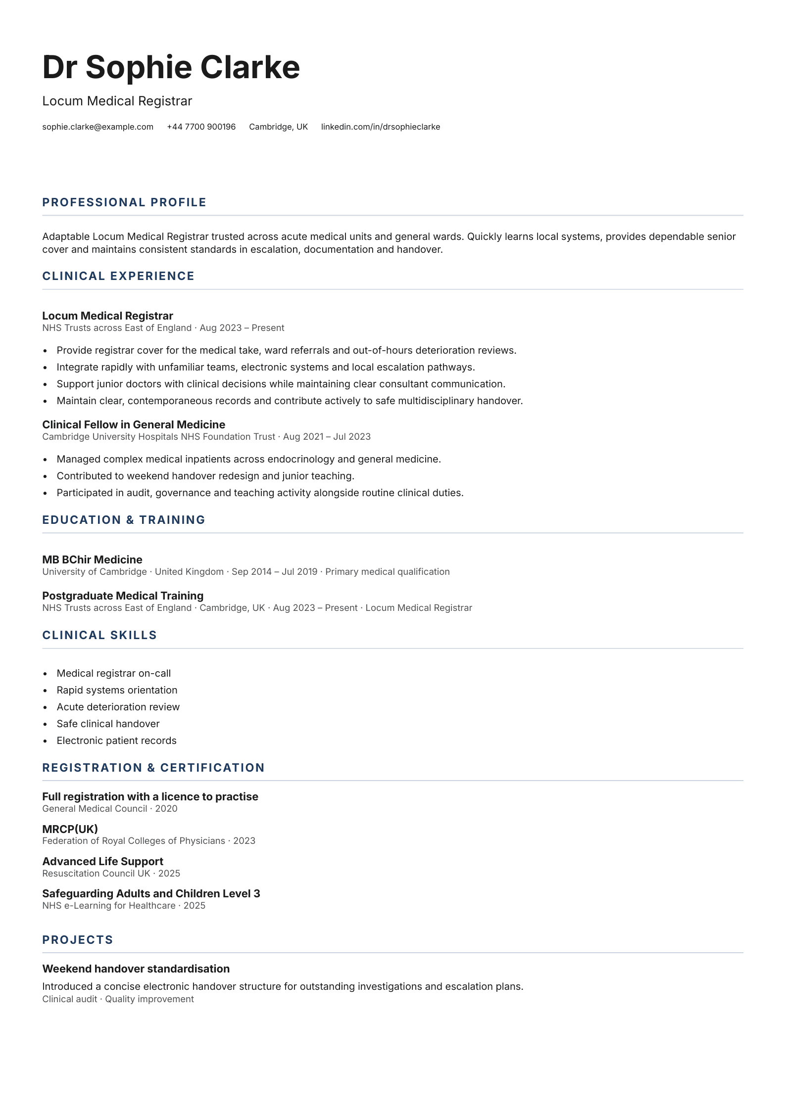 Locum Doctor CV template