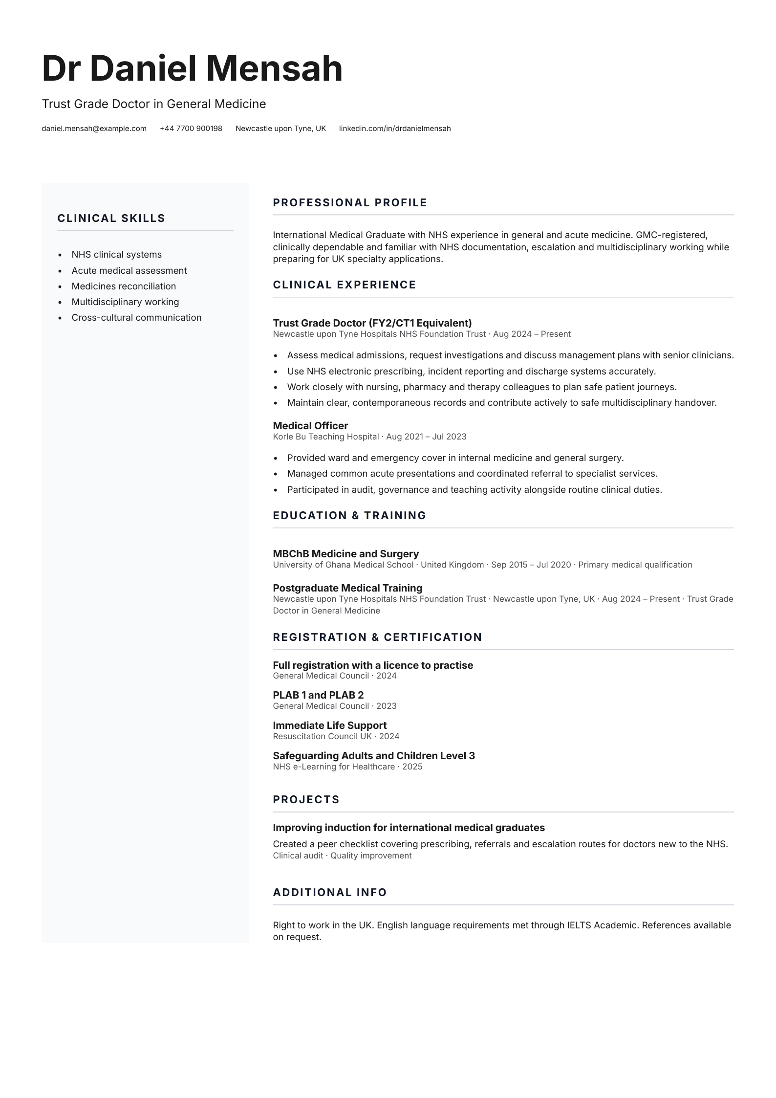 International Medical Graduate CV template