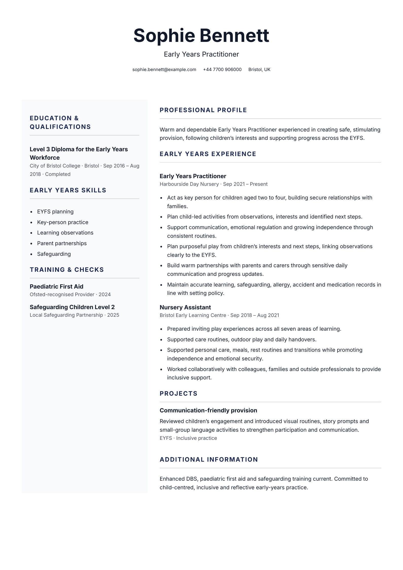 Early years practitioner CV