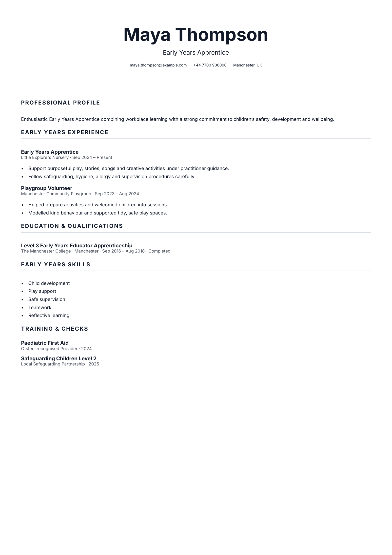 Early Years Apprentice CV template