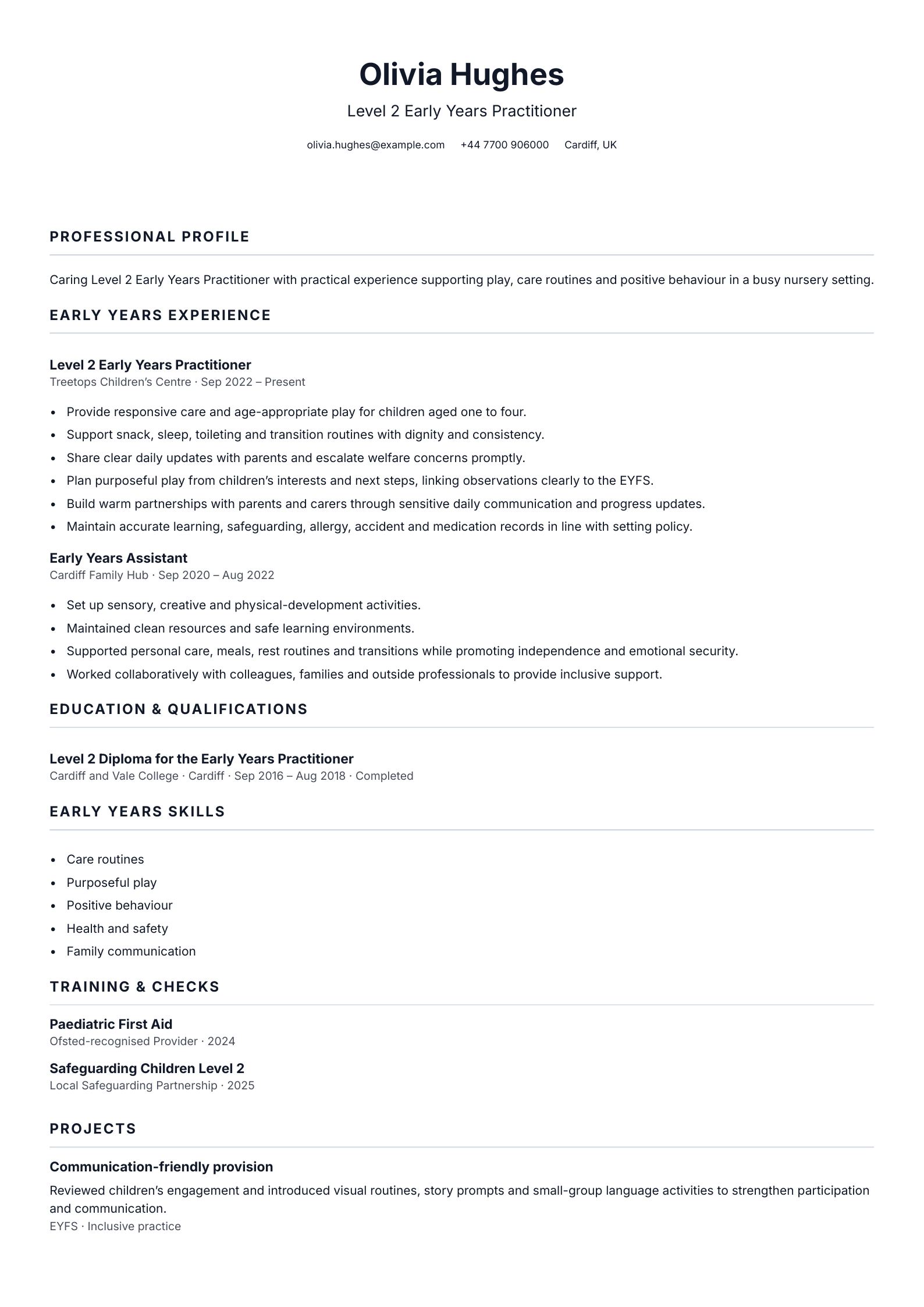 Level 2 Early Years Practitioner CV template