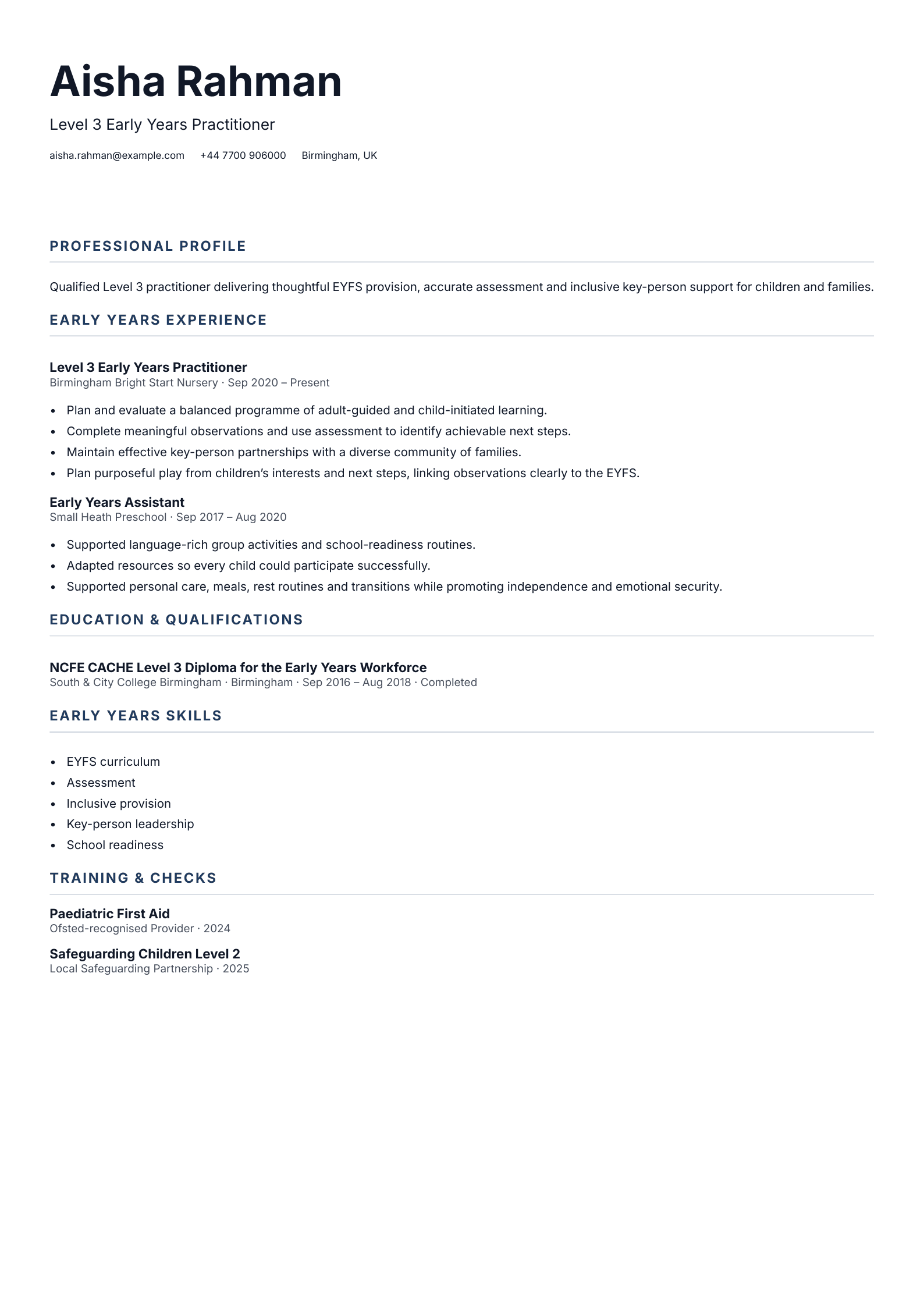 Level 3 Early Years Practitioner CV template