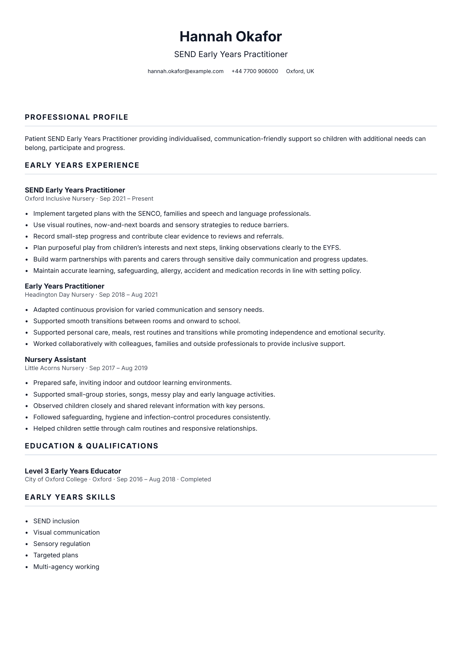 SEND Early Years Practitioner CV template