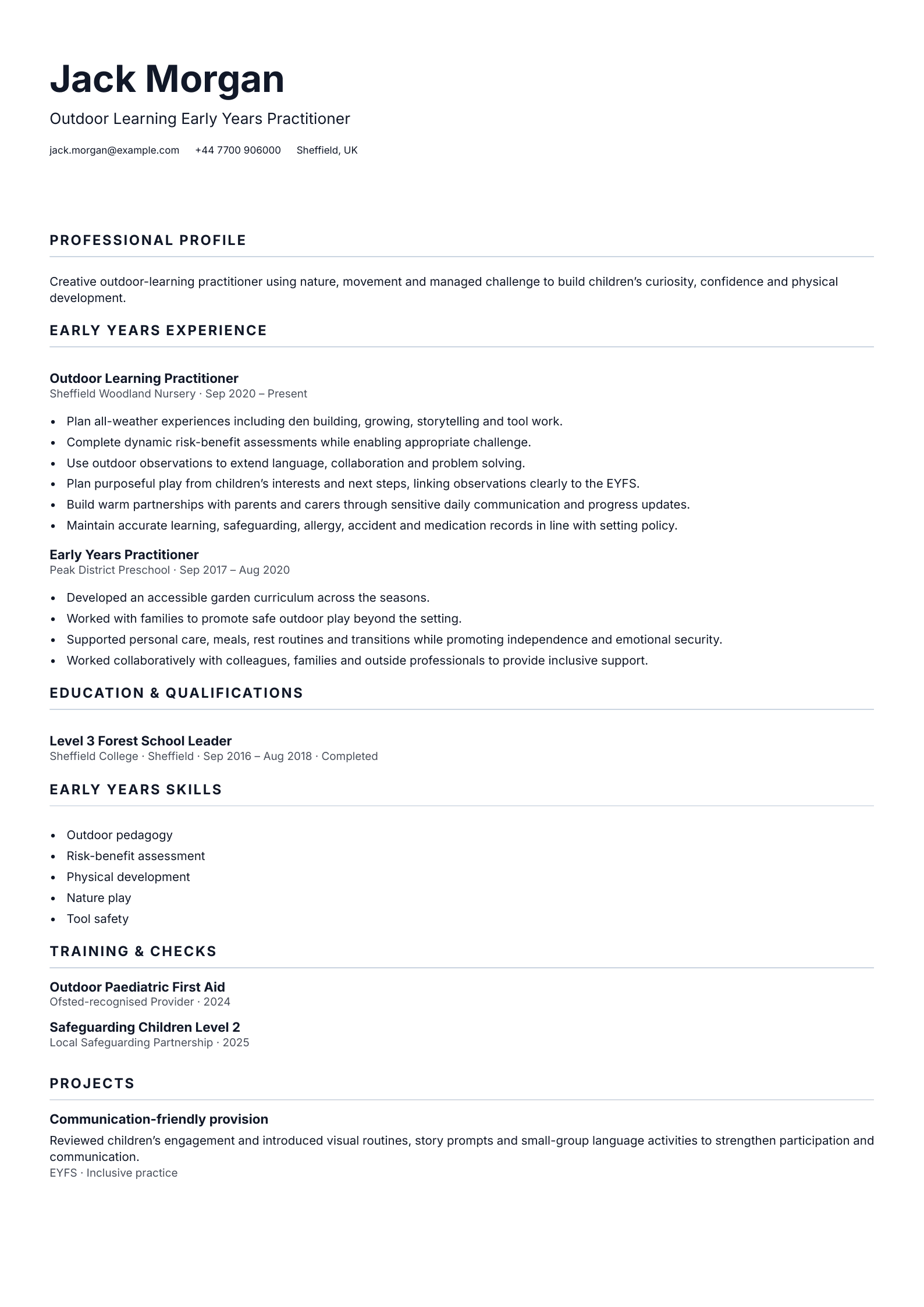 Outdoor Learning Practitioner CV template