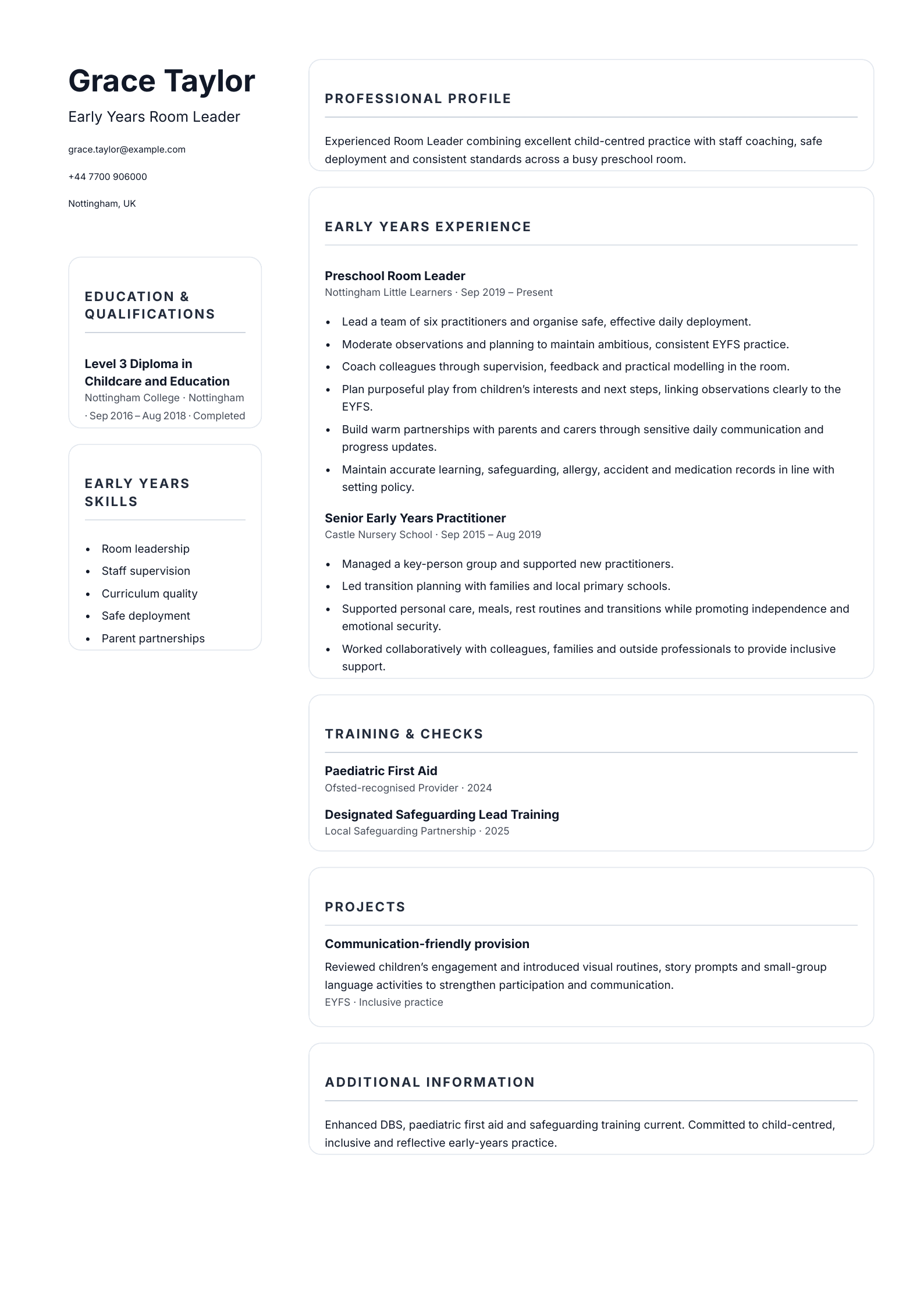 Early Years Room Leader CV template