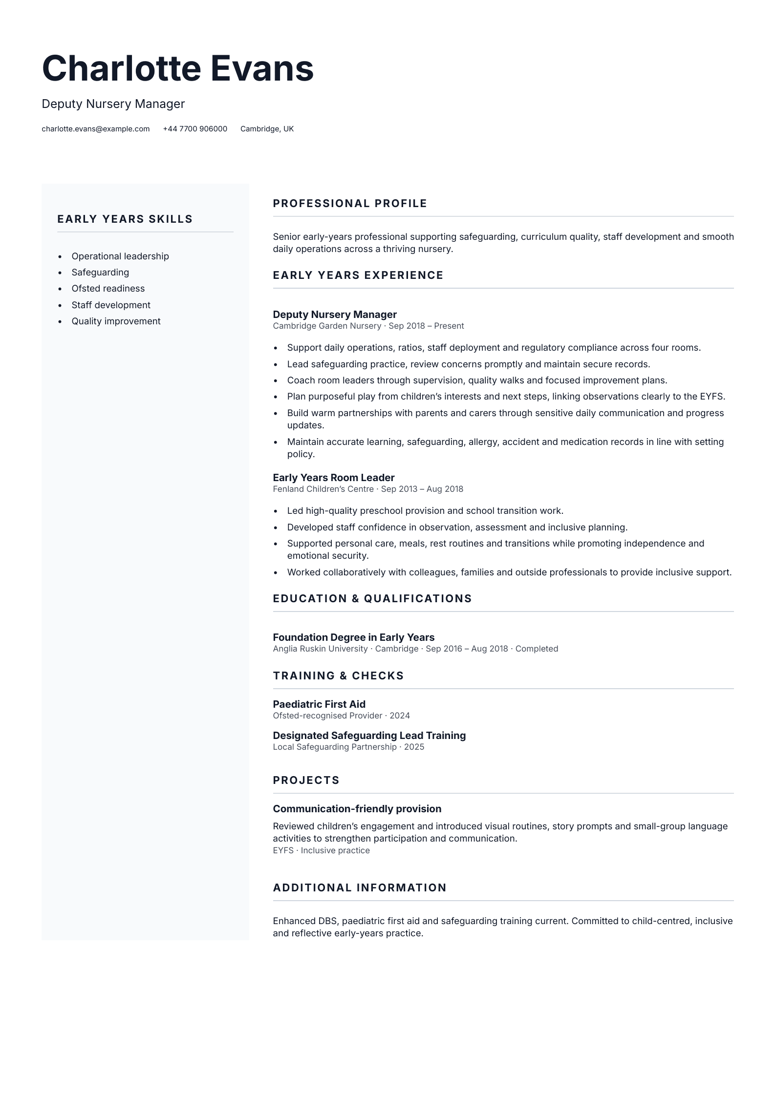 Deputy Nursery Manager CV template