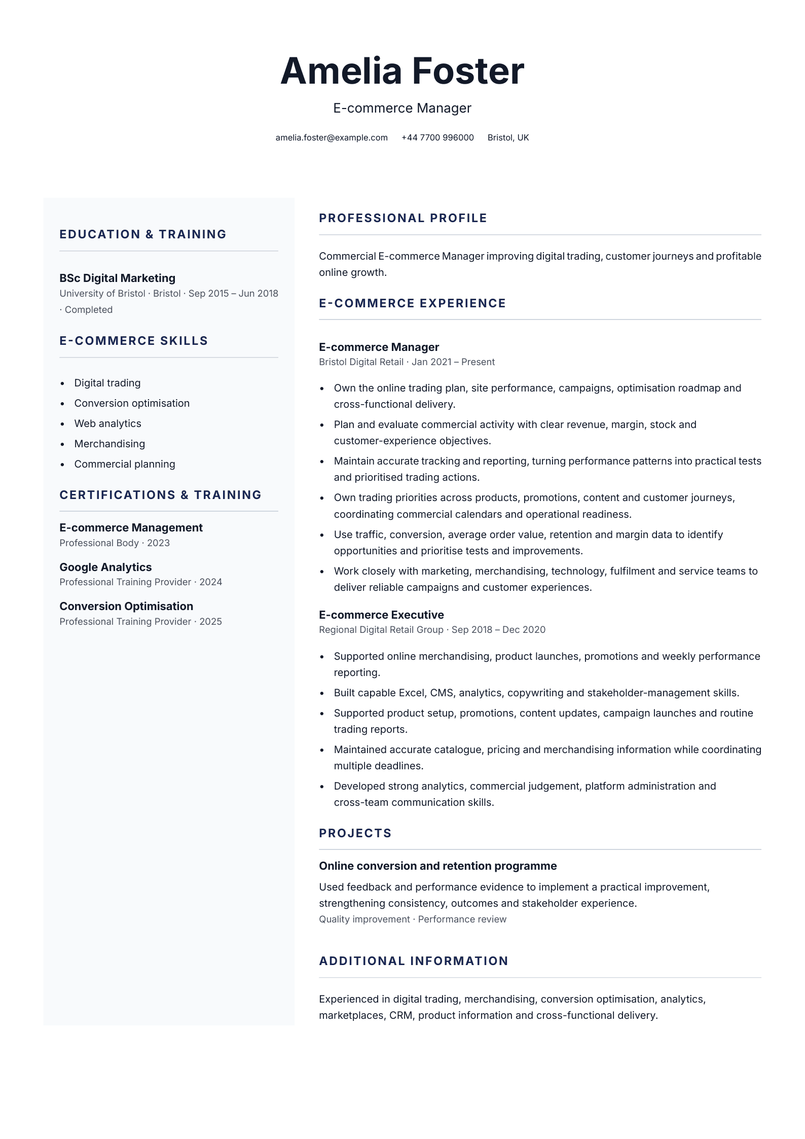 E-commerce manager CV