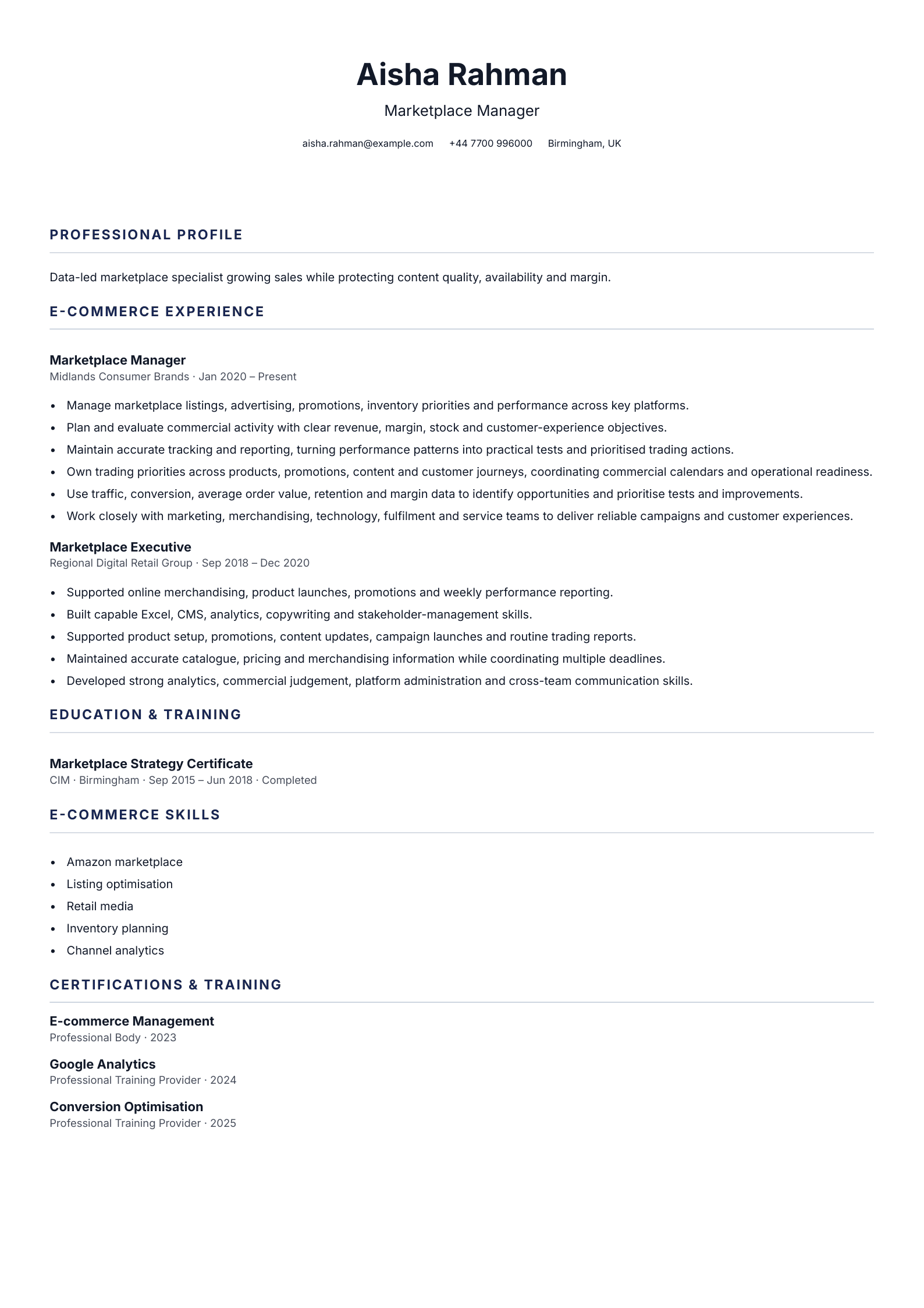 Marketplace Manager CV template