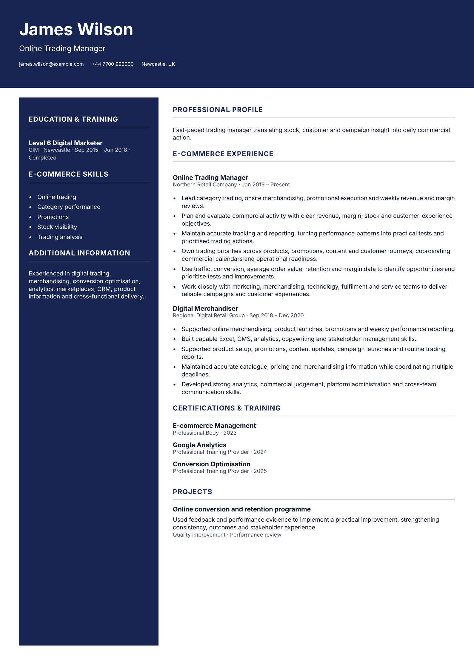 Online Trading Manager CV template